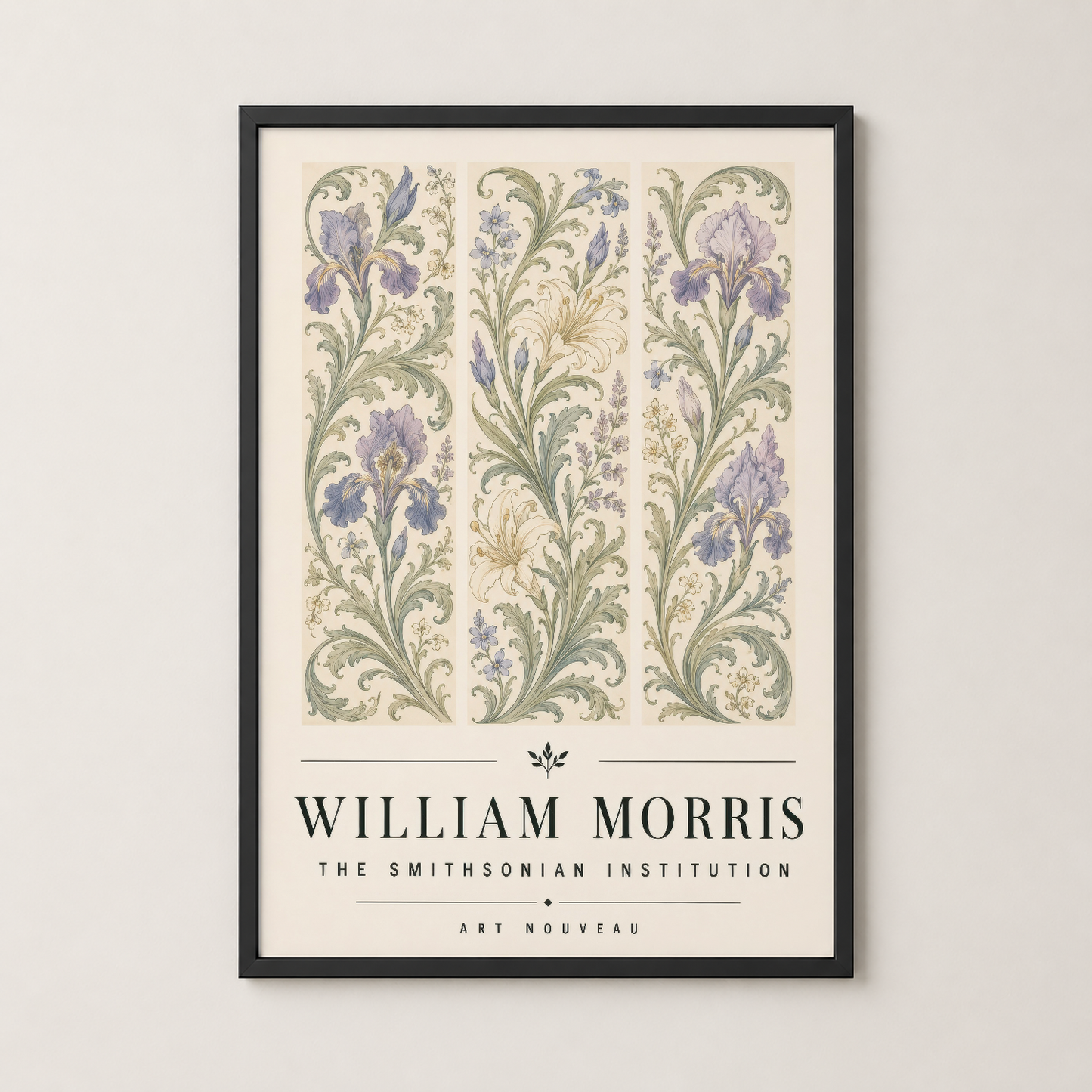 Siyah çerçeveli William Morris tablosu, mor iris desenleriyle art nouveau tarzında zarif duvar dekorasyonu.