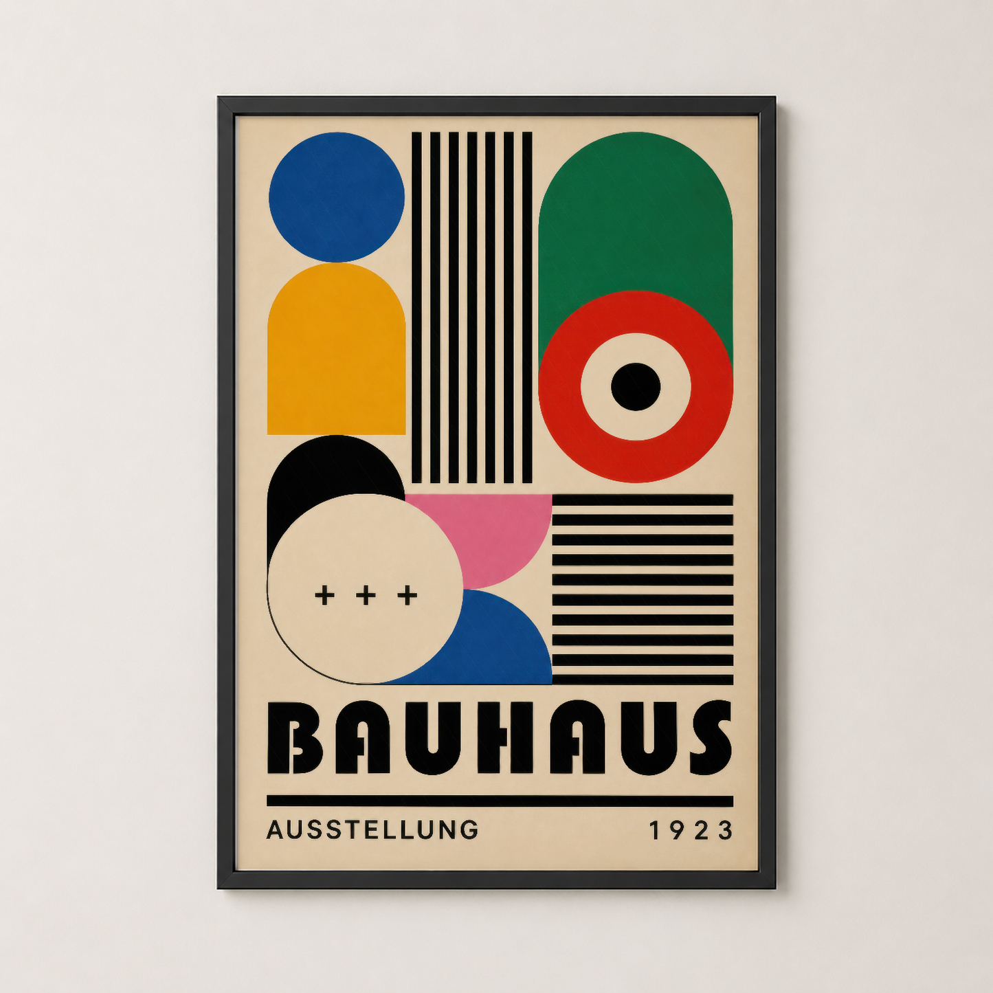 Bauhaus 1923 afişi, siyah çerçeveli duvar tablosu, geometrik sanat stilinde renkli tasarım.