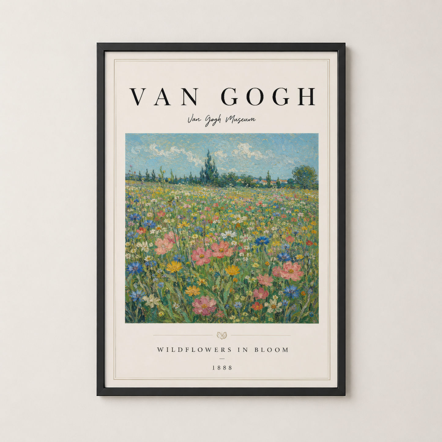 Siyah çerçeveli Van Gogh tablosu, modern bir iç mekan tasarımında sanat ve stil birliğini yaratıyor.
