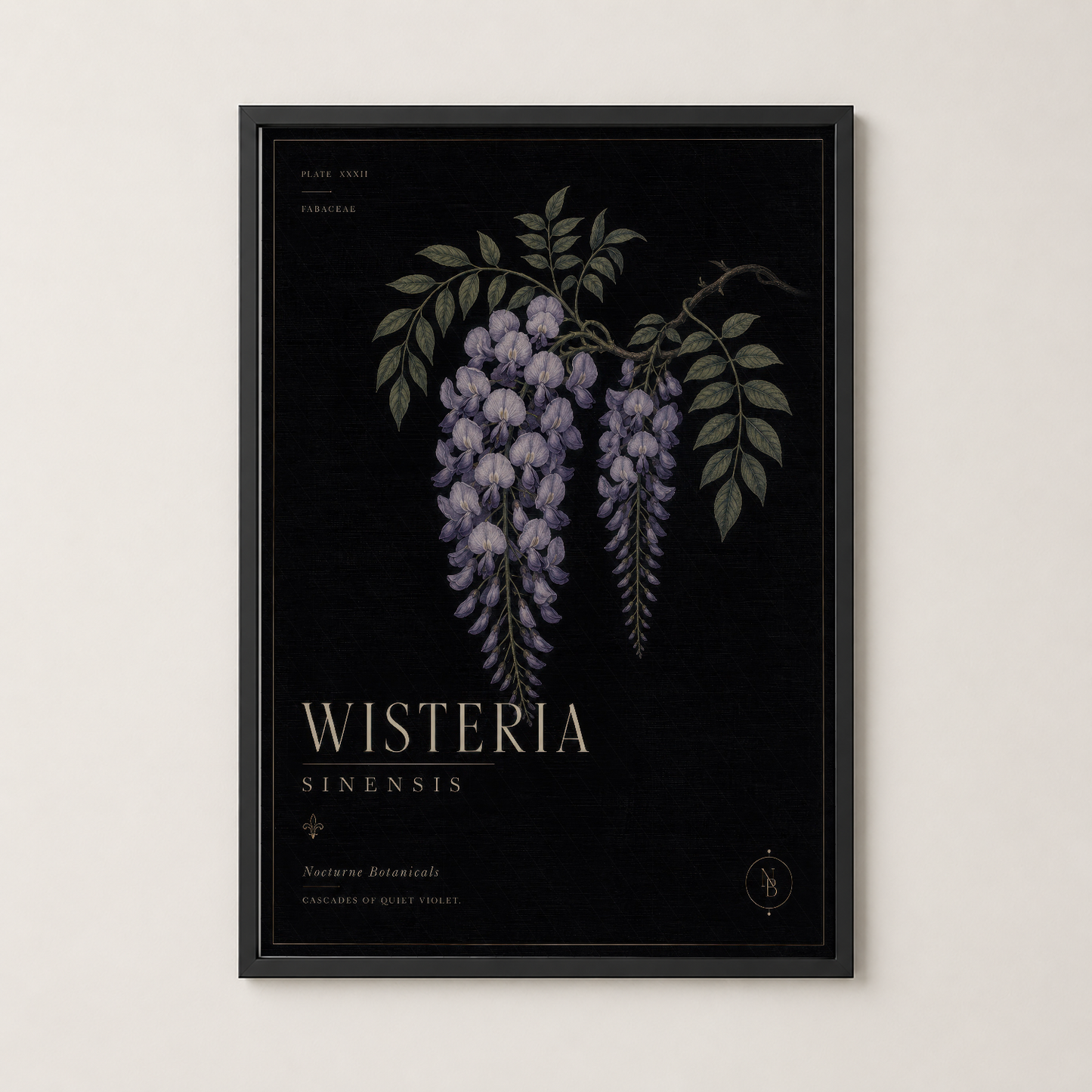 Siyah çerçeveli wisteria poster, modern iç tasarımda drama ve zarafet katan botanical duvar sanatı.