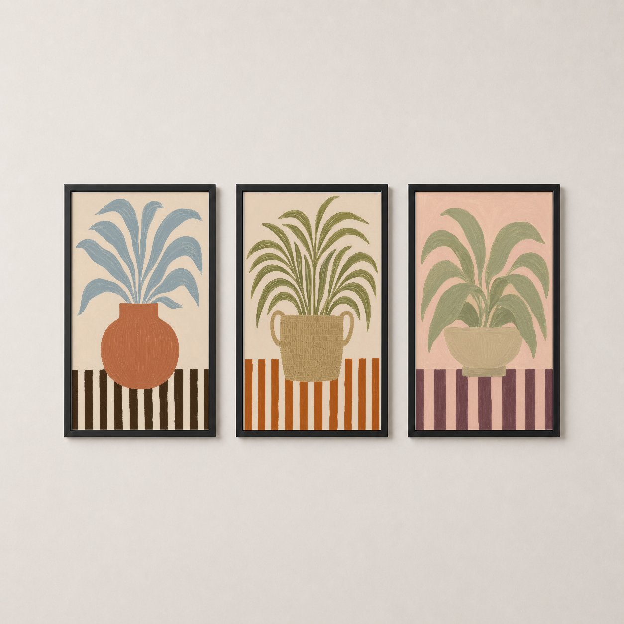 Siyah çerçeveli üç parça tablo seti, vintage botanical tasarım ve geometrik şeritlerle modern duvar dekorasyonu