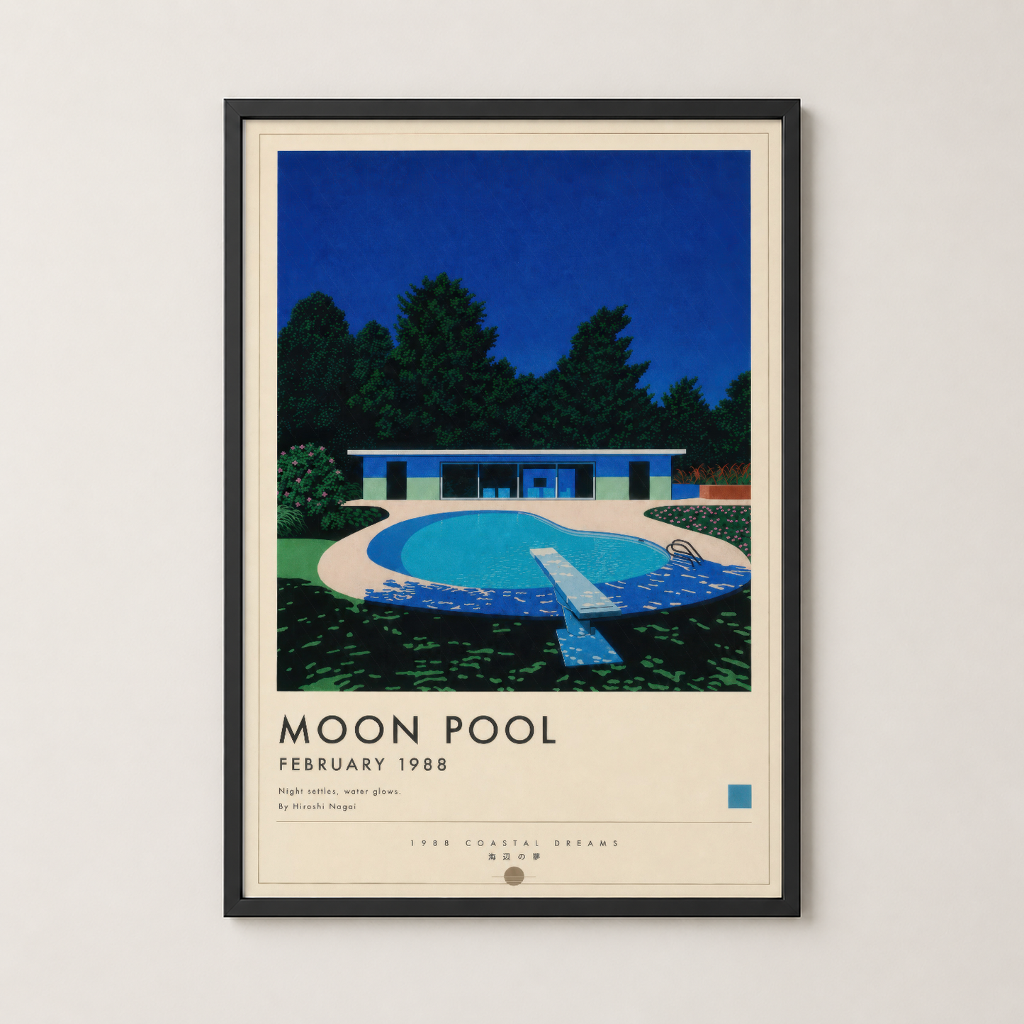 Moon Pool poster siyah çerçeveli, modern ev dekorasyonu için retro sanat baskısı.