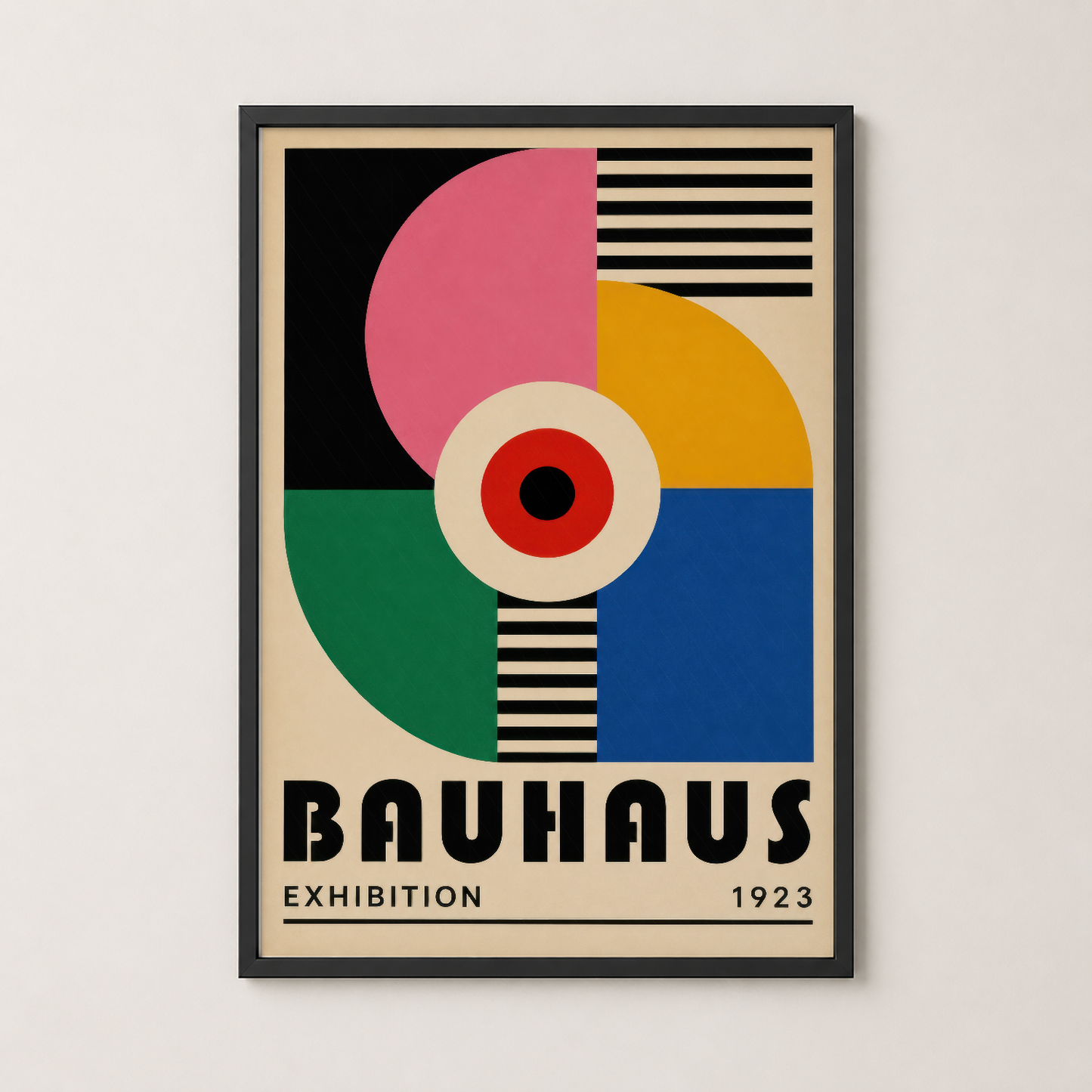 Siyah çerçevelenmiş Bauhaus afişi, keskin geometrik tasarım ve parlak renk bloklarıyla modern sanat eseri