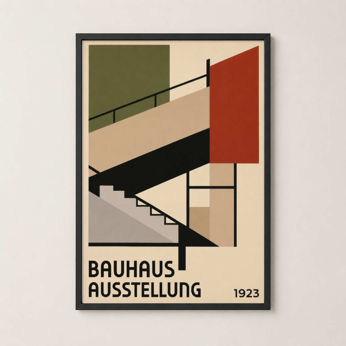 Bauhaus Ausstellung posterinin siyah çerçeveli versiyonu, modern iç mekana ideal geometrik sanat tasarımı.