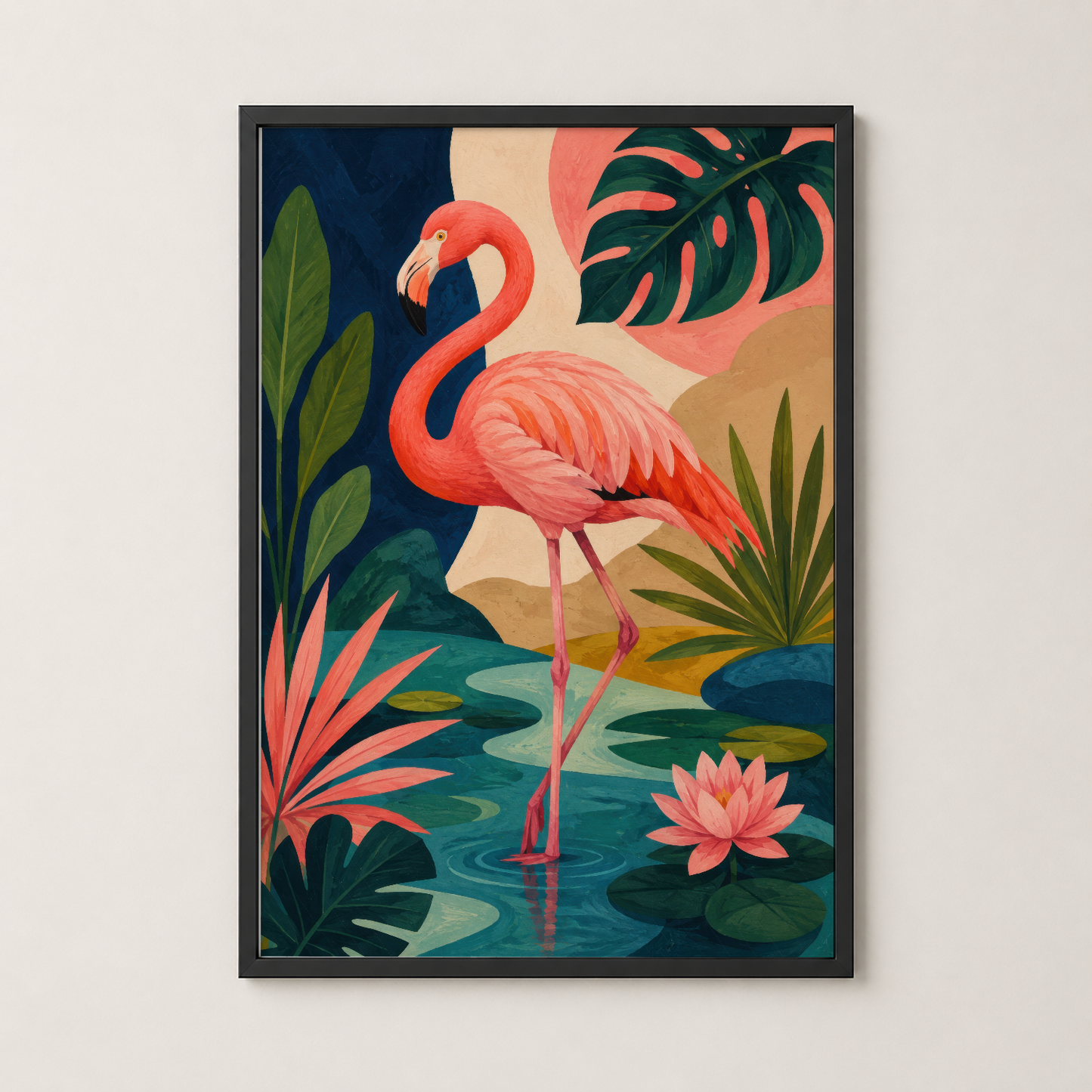 Siyah çerçeveli flamingo posteri, tropikal nilüfer havuzunda, minimalist ev dekorasyonu.