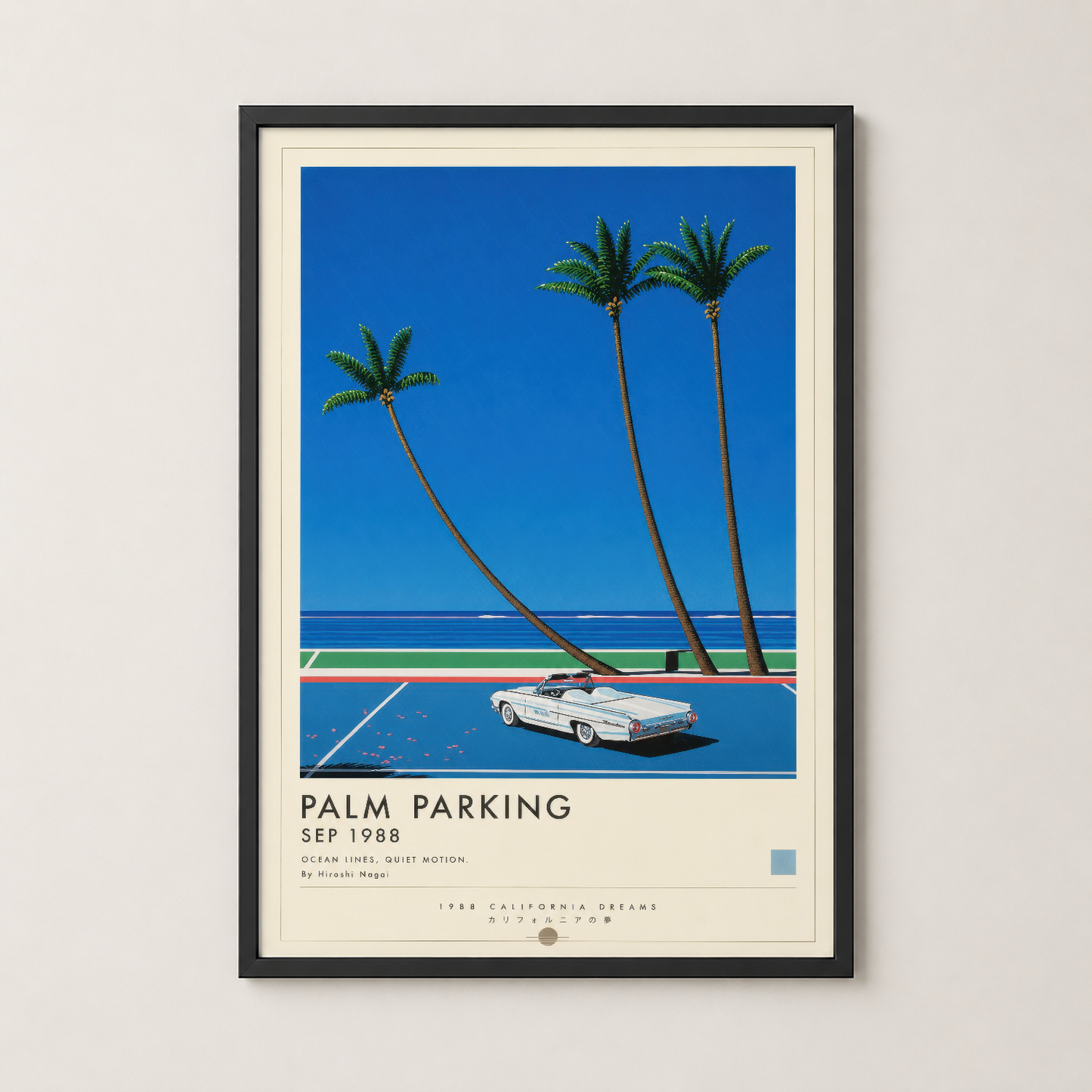 Palm Parking posterin siyah çerçevede sergilenmesi, 1988 California rüyası temasıyla nostaljik bir sanat parçası.
