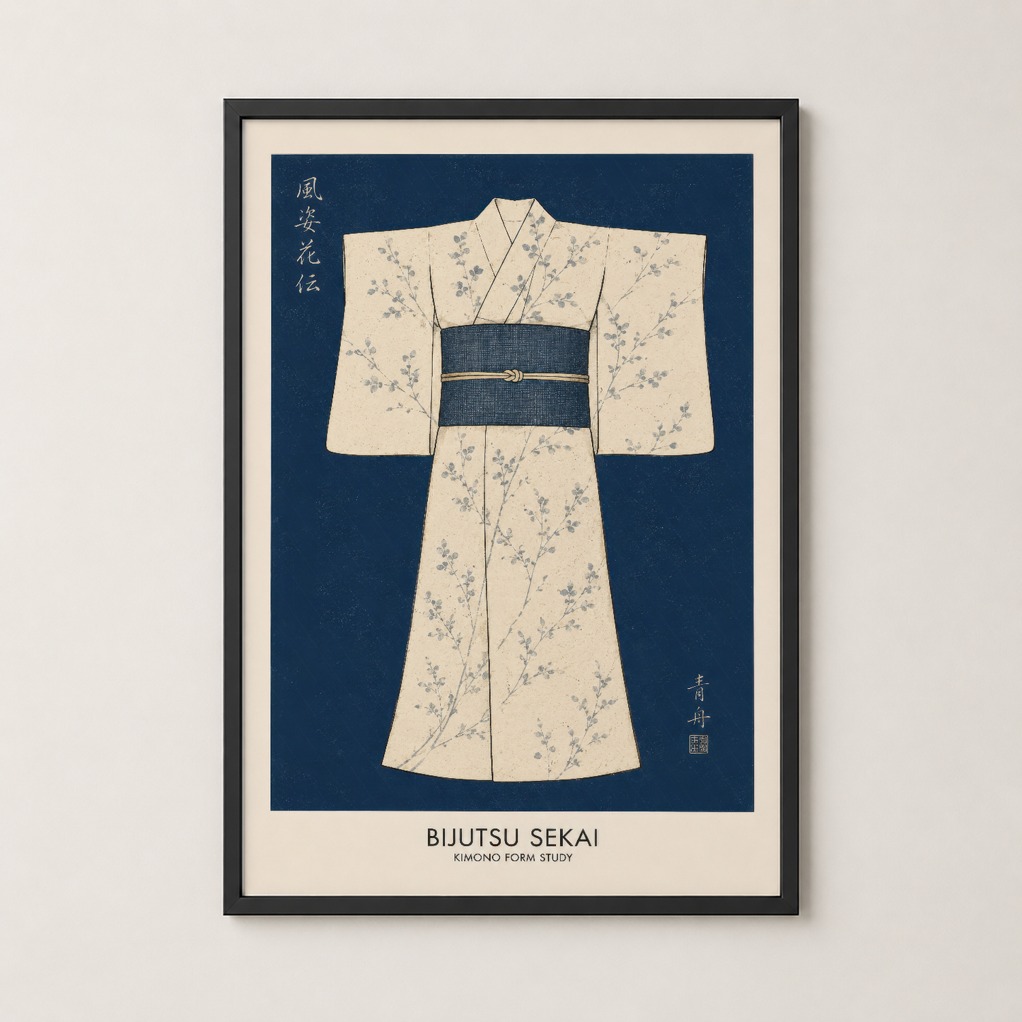 Geleneksel kimono formu çalışması, siyah çerçeveli duvar tablosu, zarif çiçek motifiyle modern iç dekorasyonda.
