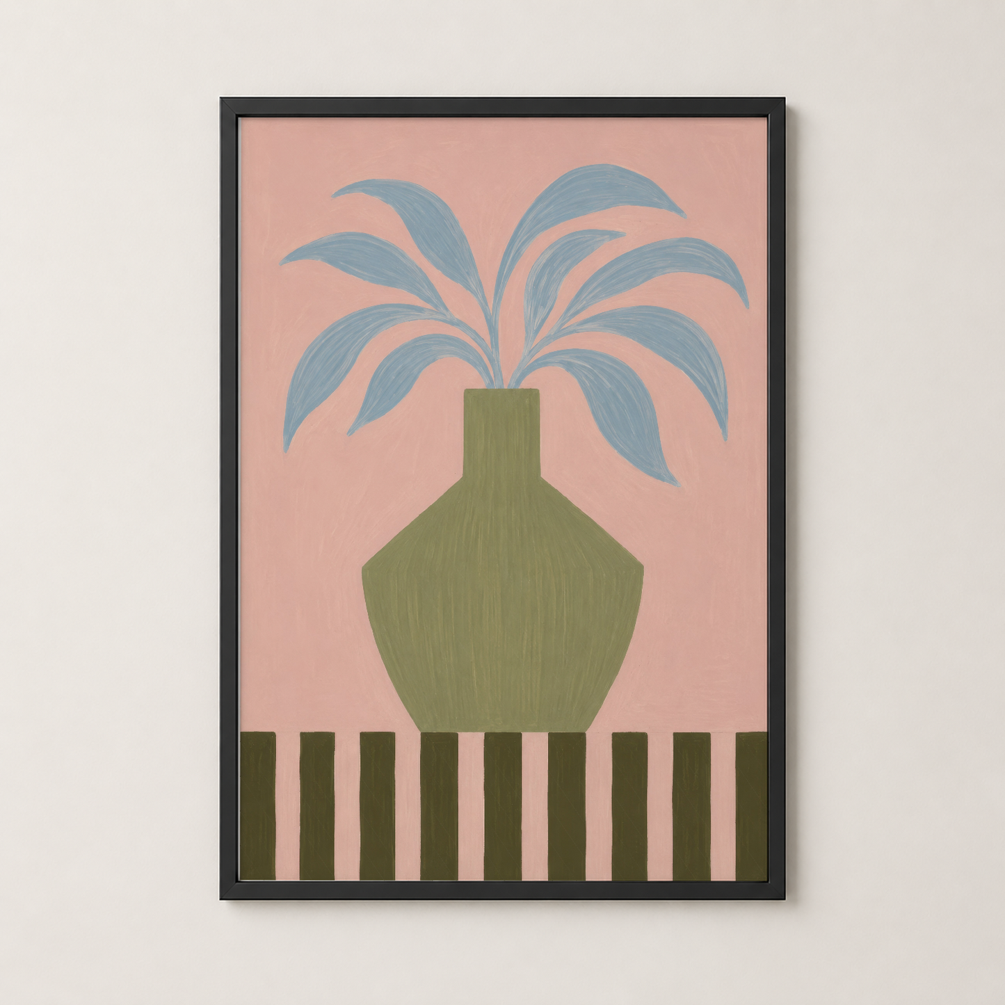 Siyah çerçeveli, pembe arka planlı mavi yapraklı bitki motifli dekoratif poster.
