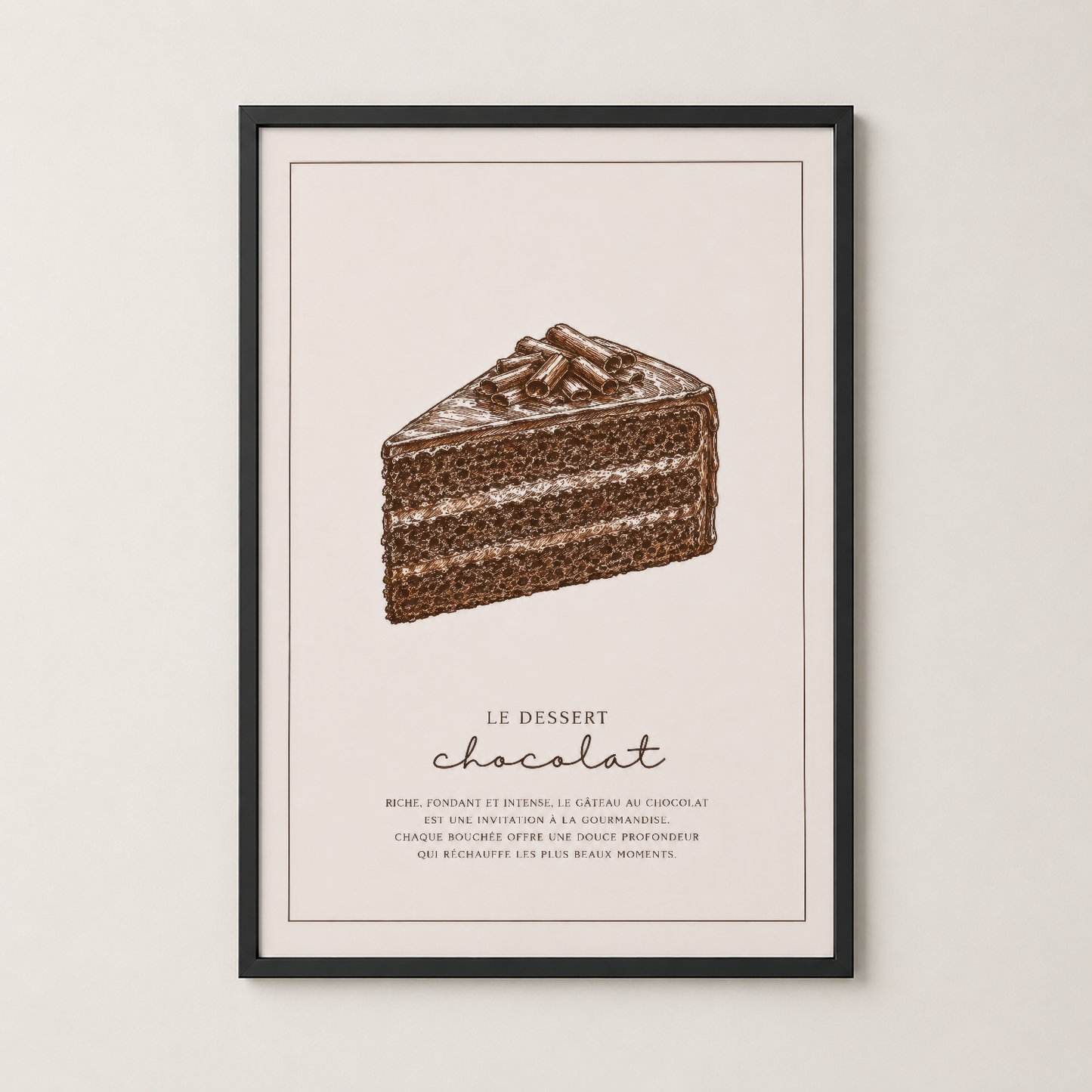 Çikolatalı pasta tablosu, siyah çerçeveli duvar posteri, mutfak dekorasyonu için minimalist tasarım.
