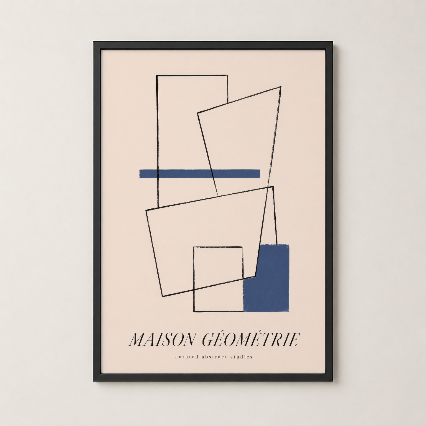 Geometrik şekiller ve mavi detaylarıyla tasarlanmış poster, siyah çerçevede profesyonel bir görünüm kazanır.