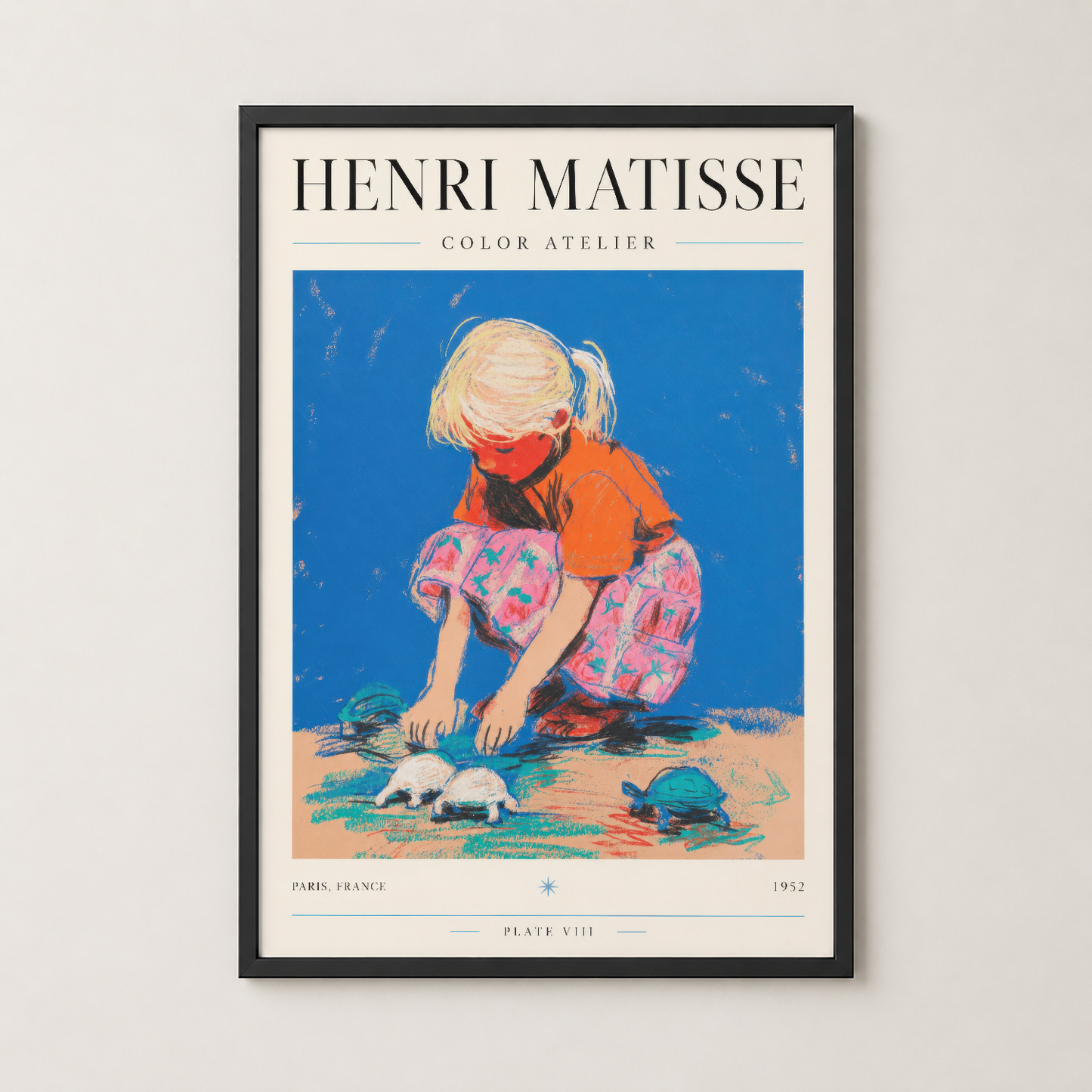 Matisse Color Atelier posteri, siyah çerçevede, sanatsal çocuk figürü ve mavi arka plan.