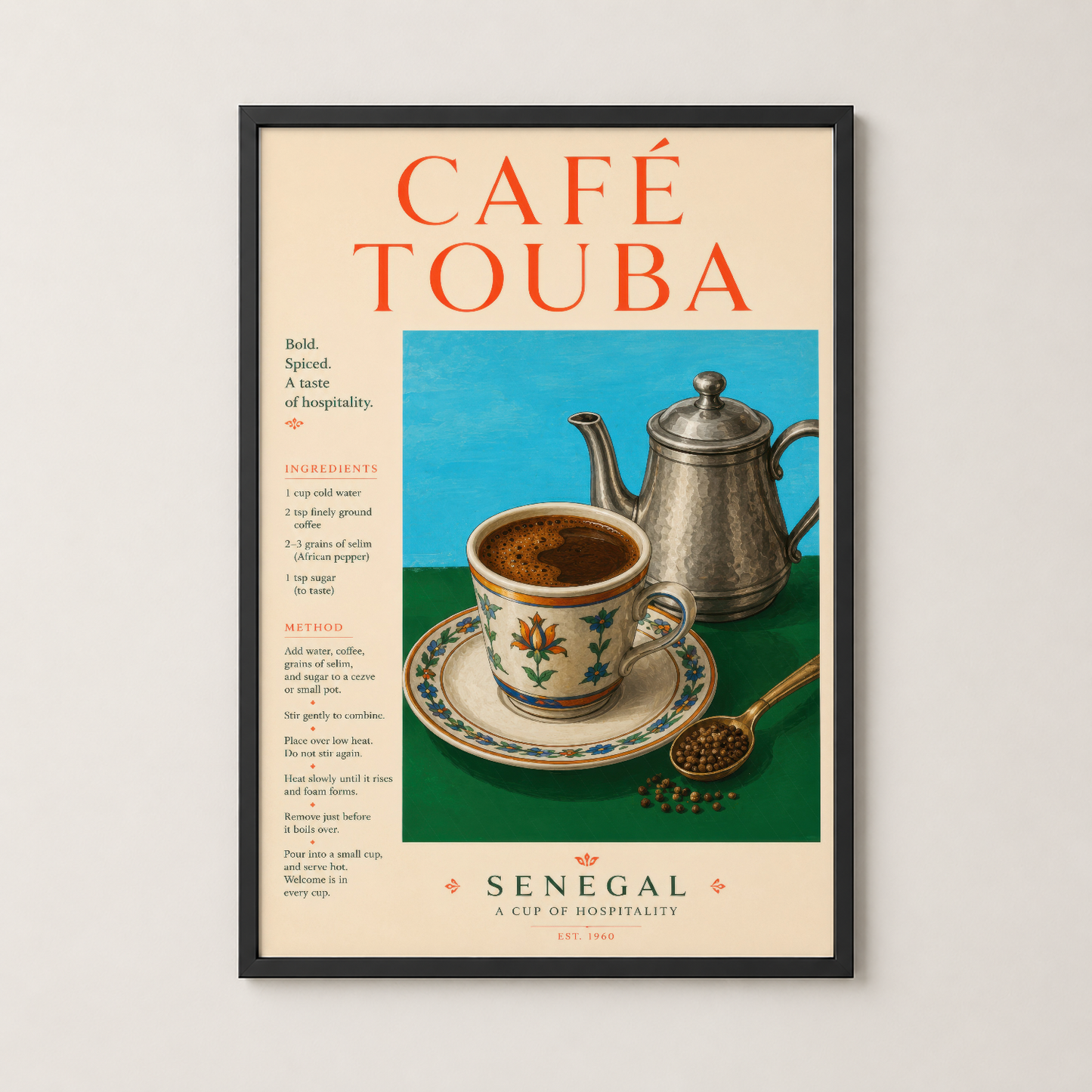 Café Touba duvar tablosu siyah çerçevede, Senegal kültürünü yansıtan vintage estetik kahve resmi.