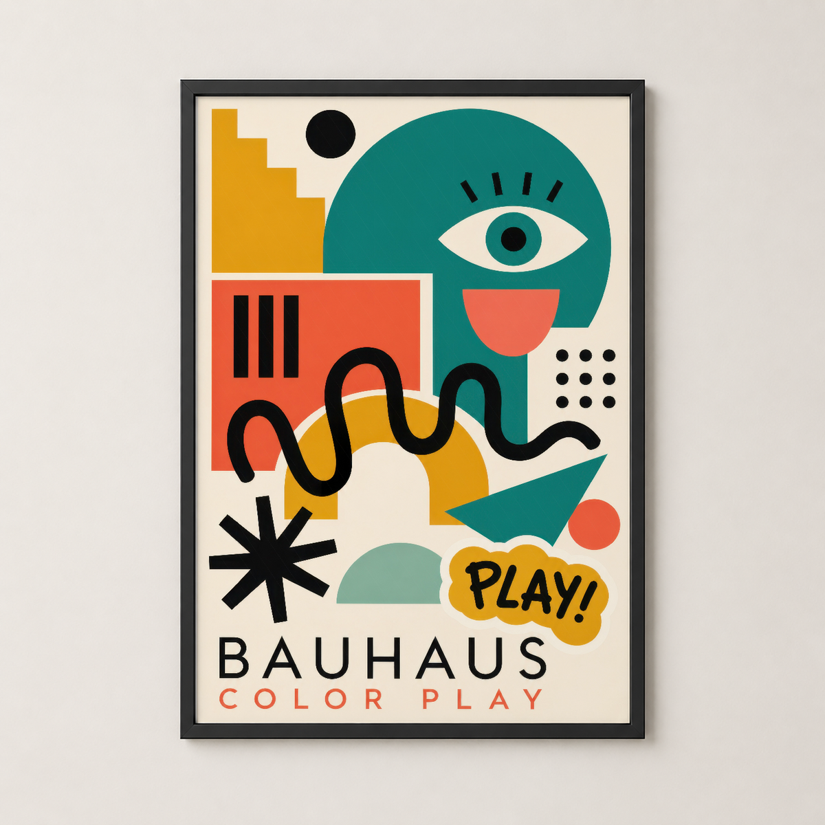 Bauhaus Color Play tablosu siyah çerçevede, modern oturma alanında canlı renk ve sanat estetikği sunan dekoratif duvar