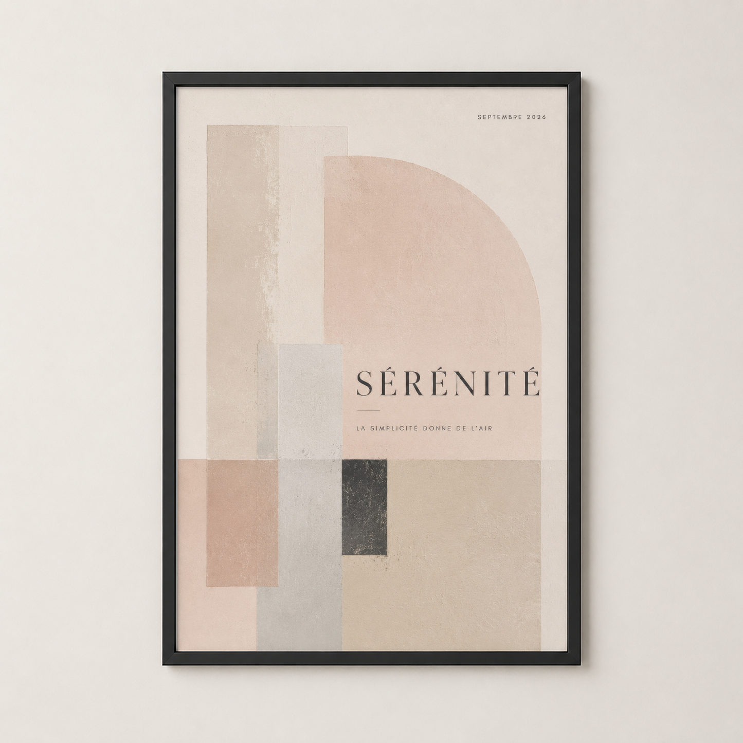 Sérénité tablosu siyah çerçevede, beige ve terrakotta tonlarındaki geometrik komposition ile odaya zarafet katan dekoratif