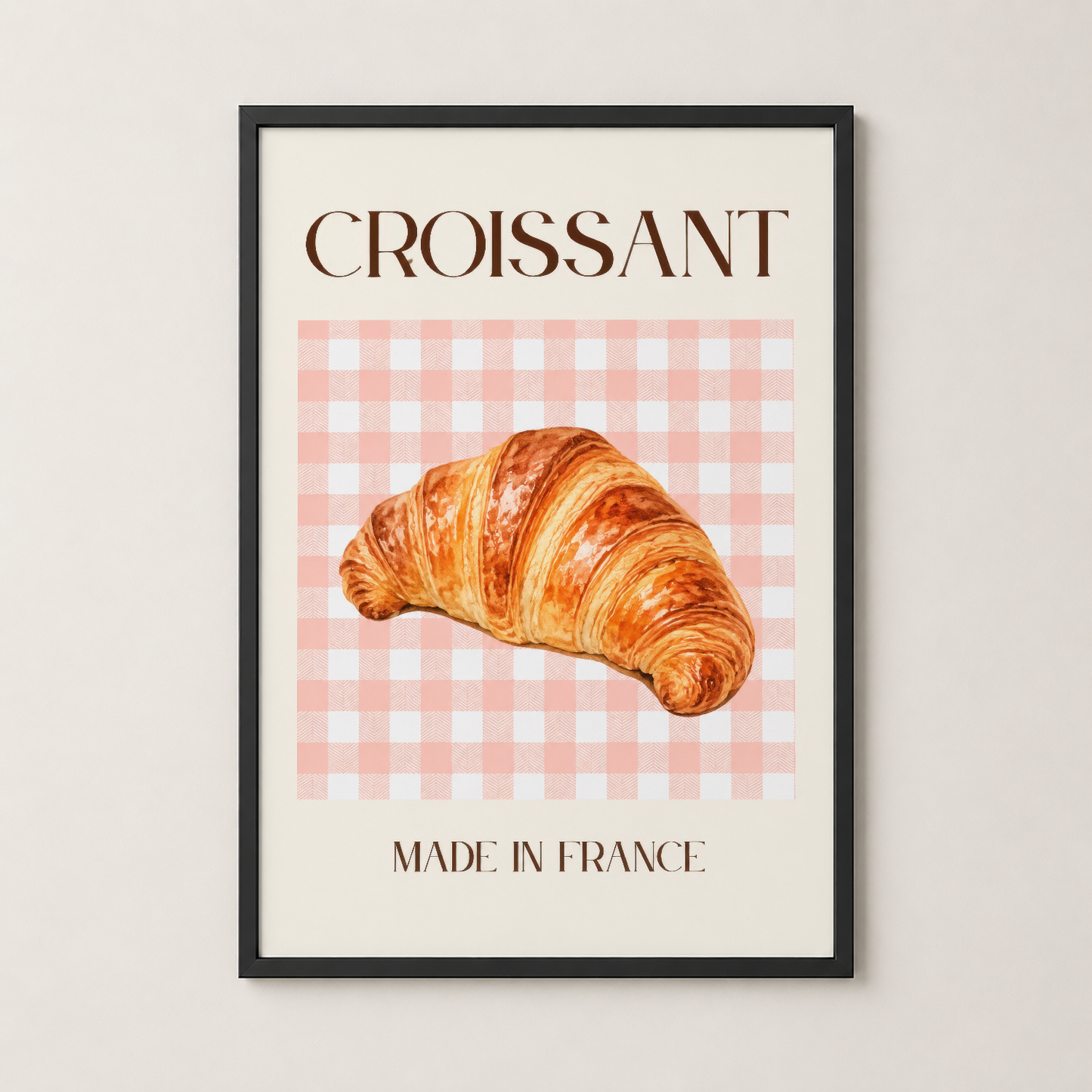 Siyah çerçeveli croissant posteri, pembe beyaz kareli desen ve zarif tipografi ile modern mekanlar için.