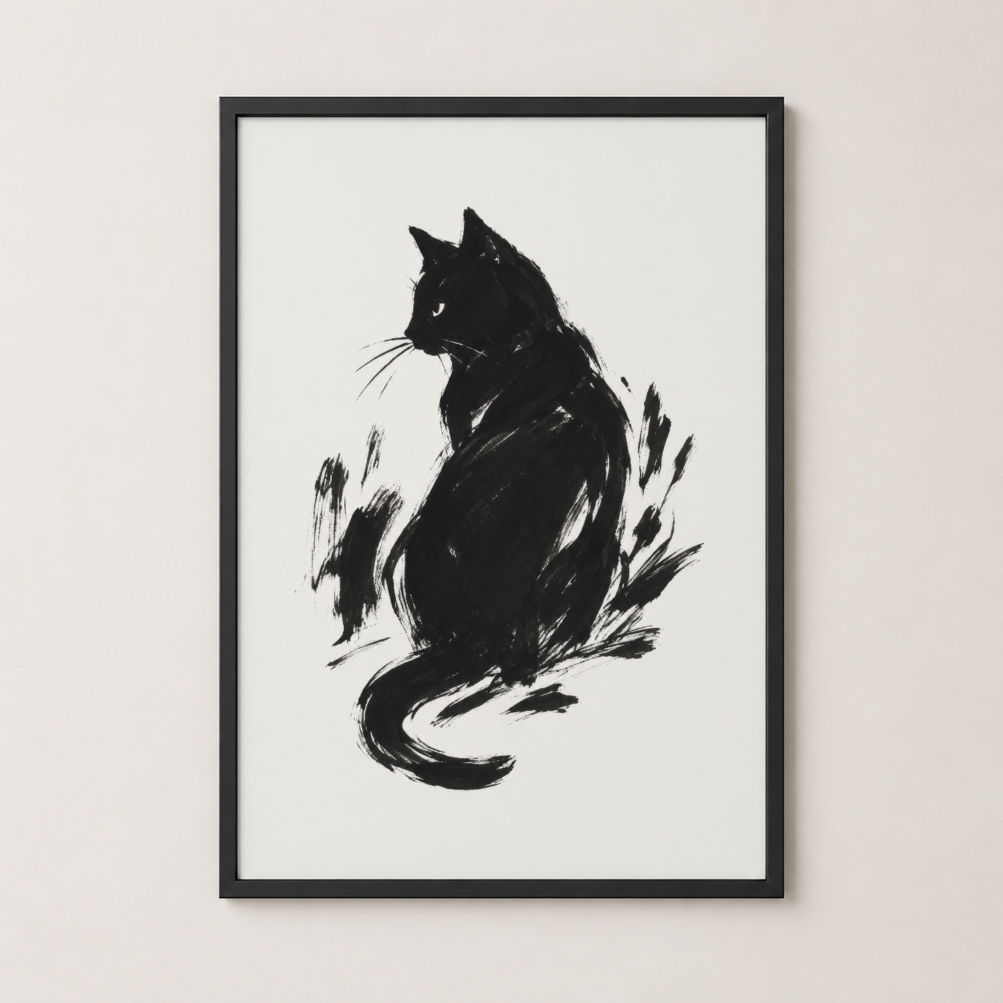 Kedi illüstrasyonu siyah çerçevede, monokrom tasarımı modern iç mekanlarla mükemmel uyum sağlıyor.