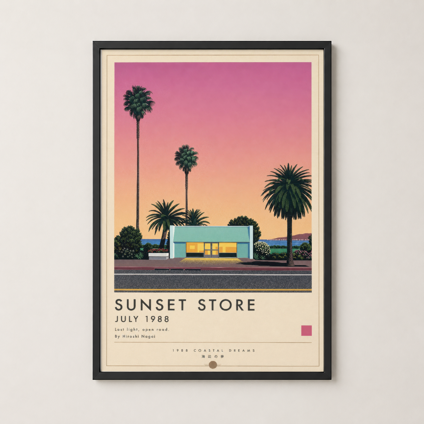 Siyah çerçeveli Sunset Store tablosu, sakin oturma alanında modern dekorasyon aksesuı olarak sergilenen sanat eseri.