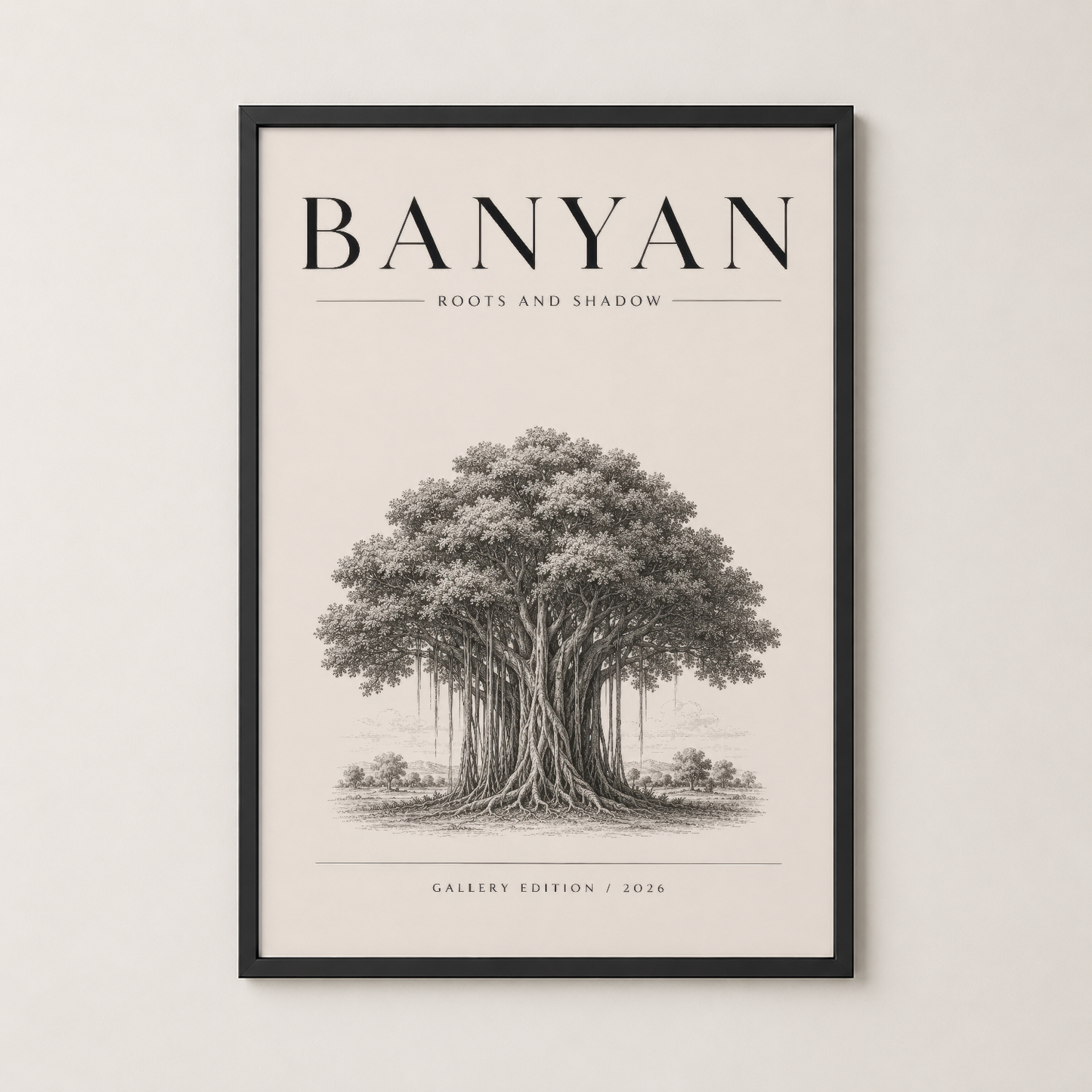 Banyan tablosu siyah çerçevede, detaylı kökler ve gölgesi ile doğal güzelliği vurgulayan galeri kalitesi poster