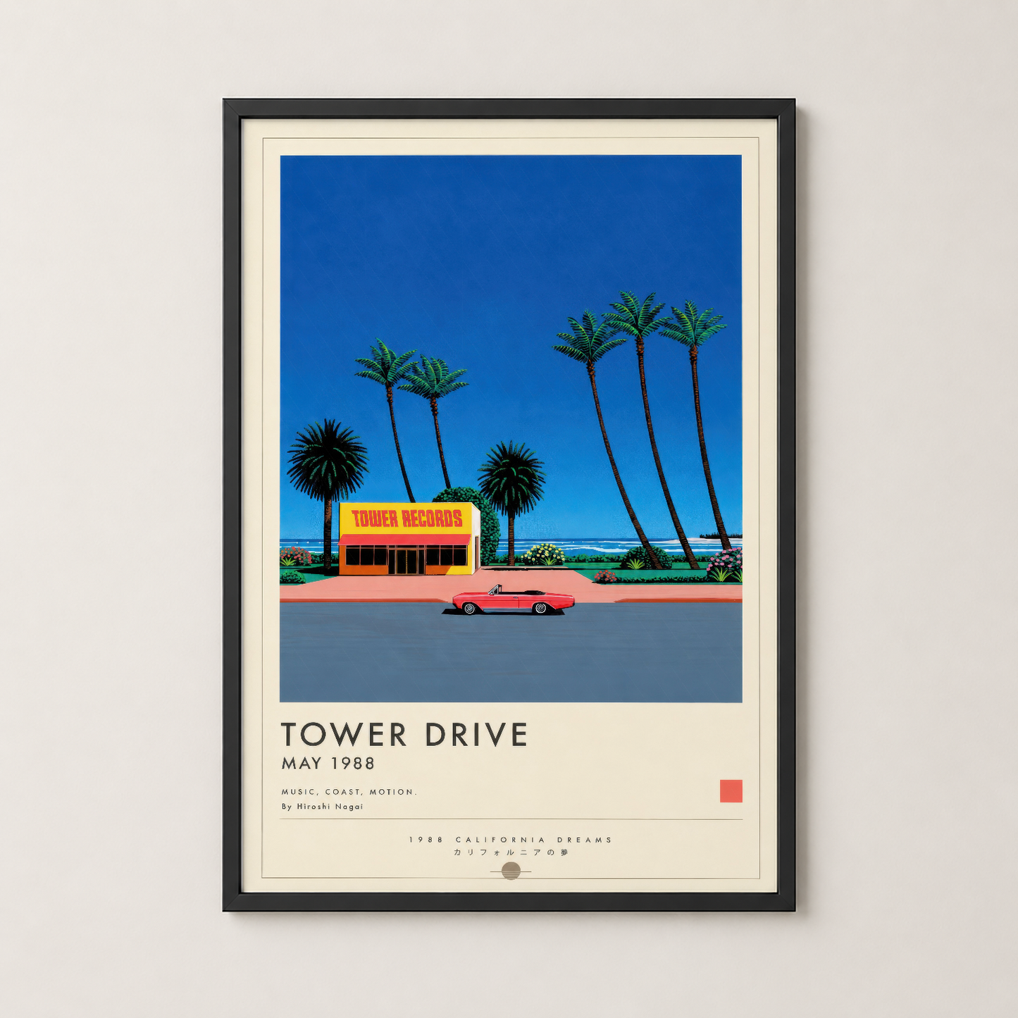 Siyah çerçeveli Tower Drive posteri, açık mavi gökyüzü altında plajkenti nostaljisini ressam Hiroshi Nagai'nin modern sanat