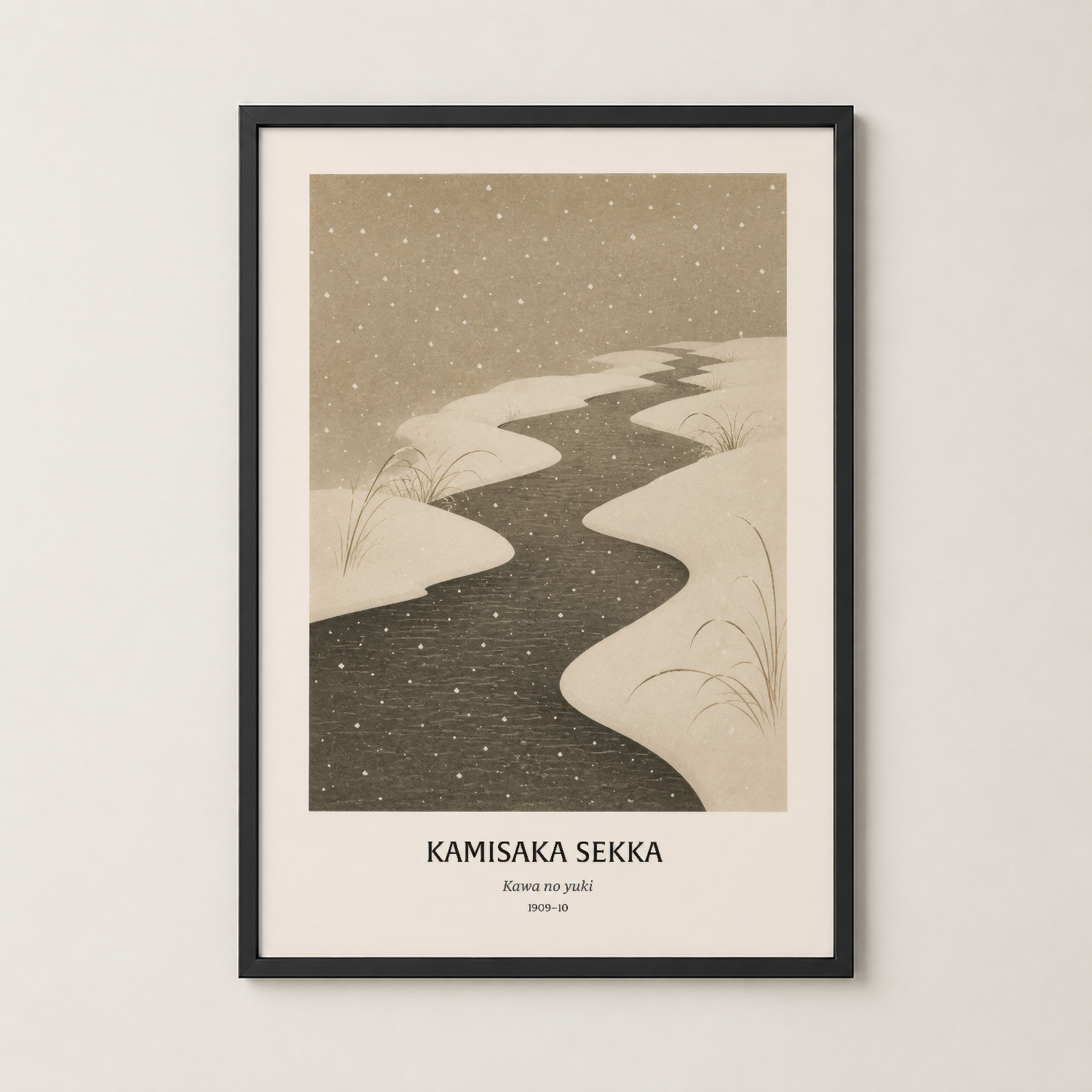 Siyah çerçeveli kameraman tablosu, kar ve karanlık su arasındaki kontrastı vurgulayan Japon sanat eseri.