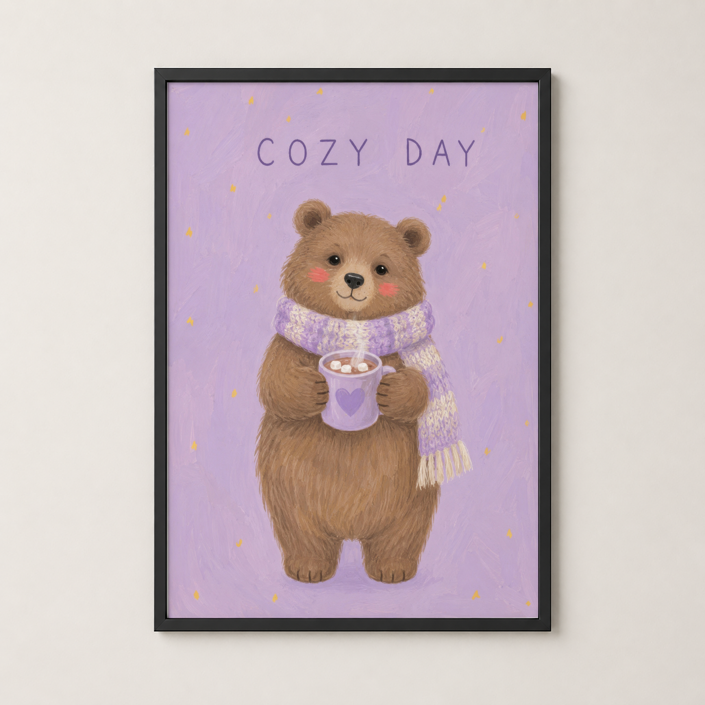 Siyah çerçevede, pembe zemin üzerinde rahatlatıcı ayı figürünü gösteren Cozy Day duvar tablosu.