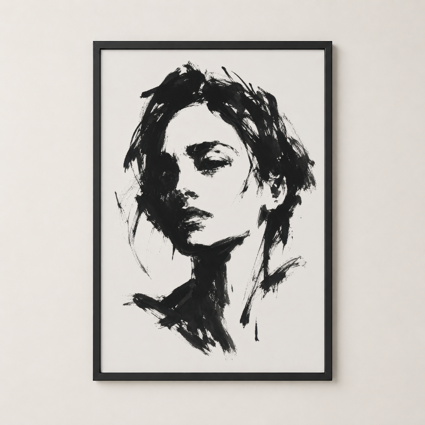Modern siyah çerçeveli duvar tablosu, ekspresif siyah beyaz portre tasarımı, sanat dekorasyonu.
