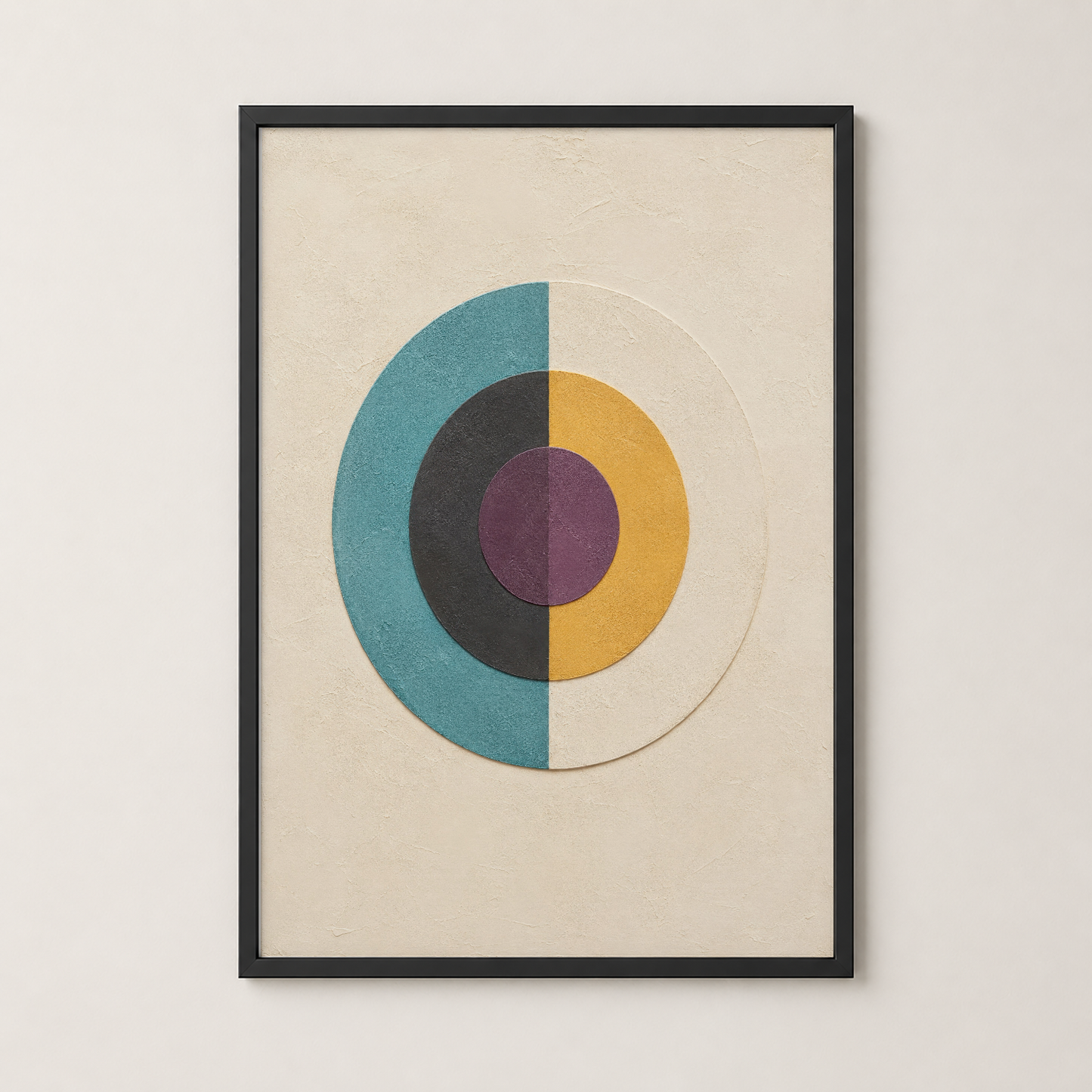 Siyah çerçeveli modern sanat tablosu, geometrik daire deseni ve vintage renklerle sofistike iç mekan aydınlatması.