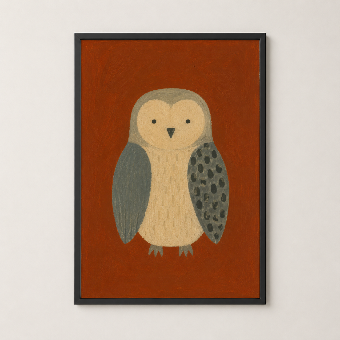 Siyah çerçeveli, modern çocuk odasına yakışan baykuş desenli duvar sanat tablosu.
