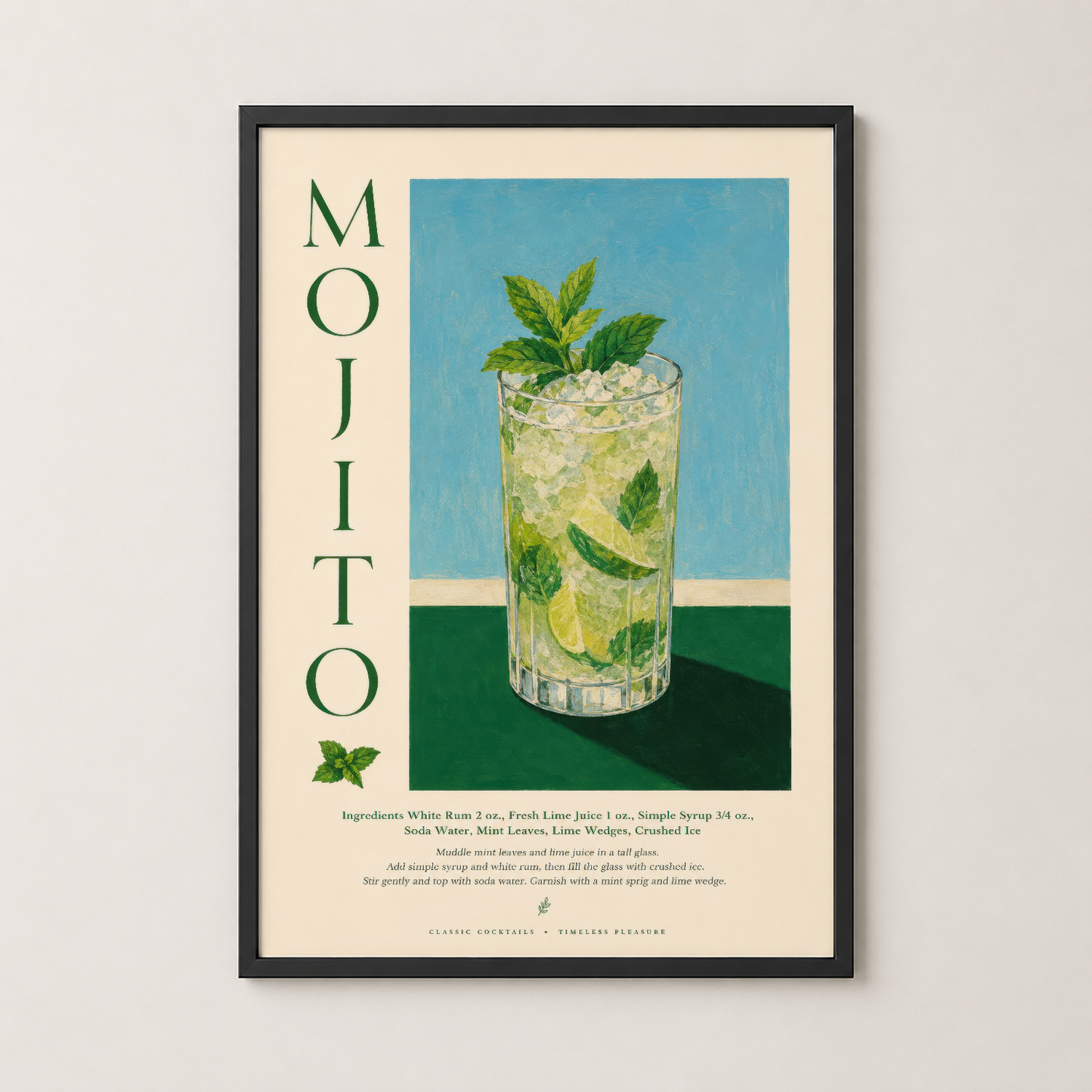 Siyah çerçeveli Mojito posteri, mutfak duvarında şık bir dekorasyon parçası olarak klasik kokteyl sanatı.