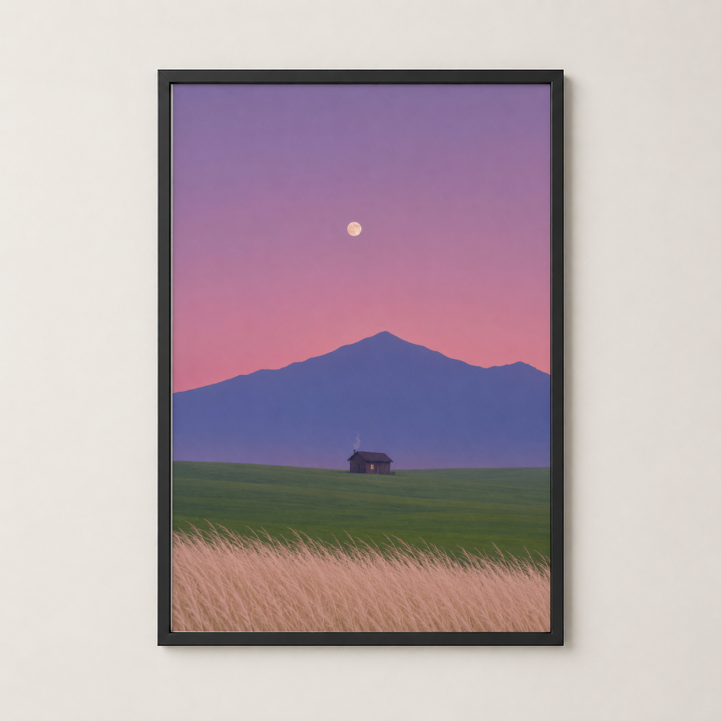 Siyah çerçeveli manzara posteri, pembe günbatımı gökyüzü altında dağ ve kırsal alan tasarımı.
