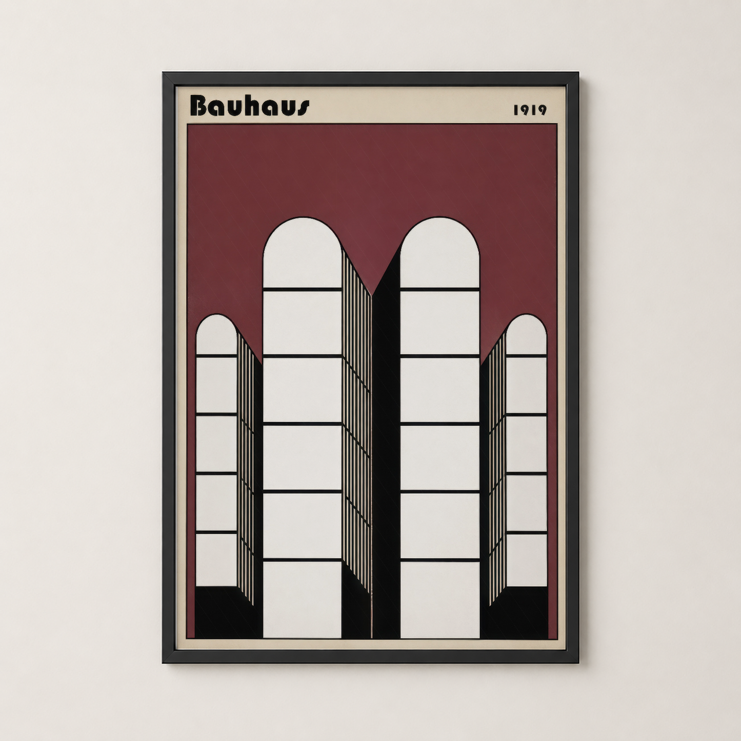 Siyah çerçeveli Bauhaus 1919 poster, art deco tarzında beyaz pencereli bina tasarımı sunan ikonik duvar sanatı.