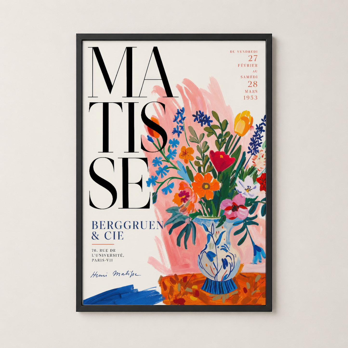 Siyah çerçeveli Matisse tablosu, modern dekor için renkli çiçek desenli poster.