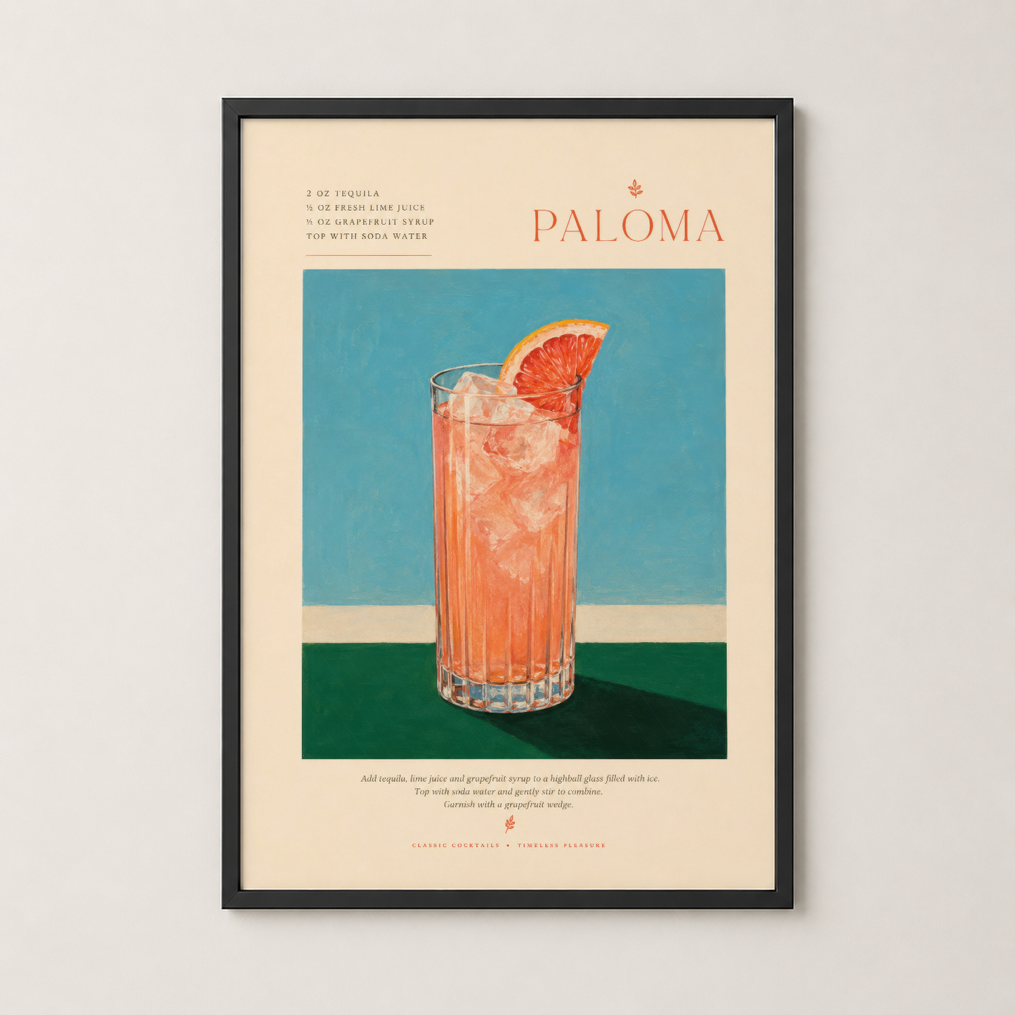 Siyah çerçeveli Paloma posteri, modern mutfakda grapefruit kokteylinin şık minimal tasarımını sergileyen sanat eseri.