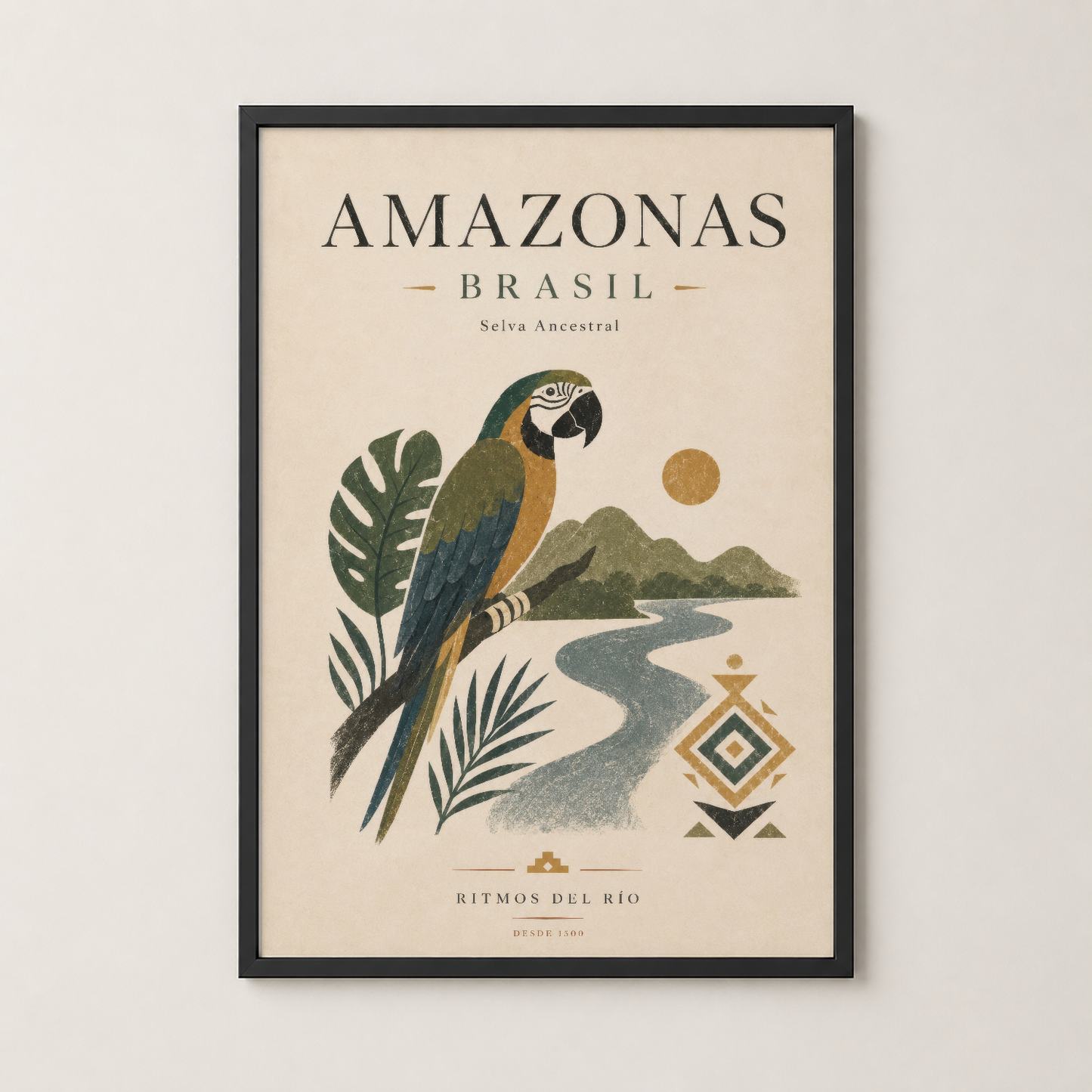 Siyah çerçeveli Amazonas Brasil posteri, modern iç dekorasyonda duvar sanatı olarak sergilenen eser.