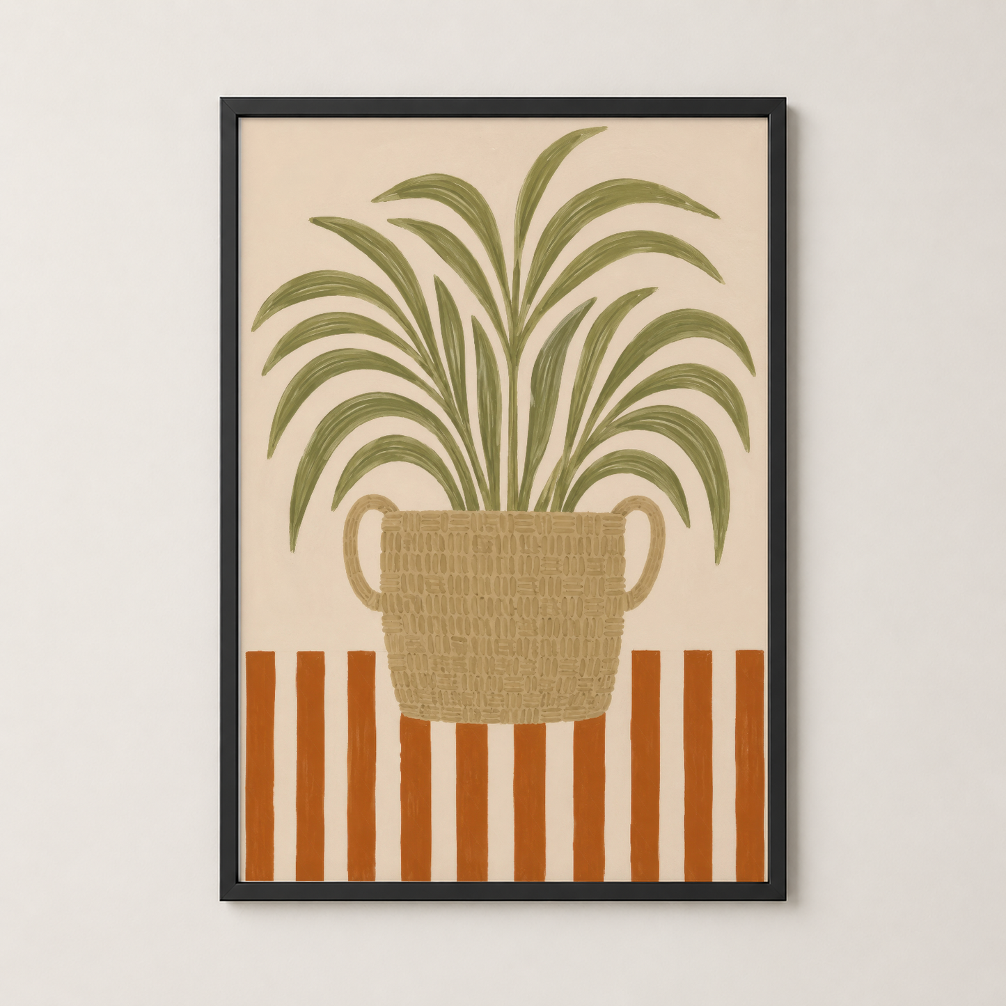 Siyah çerçeveli, minimalist botanik tablo, saksıda kaskad yapraklar ve geometrik desenler.
