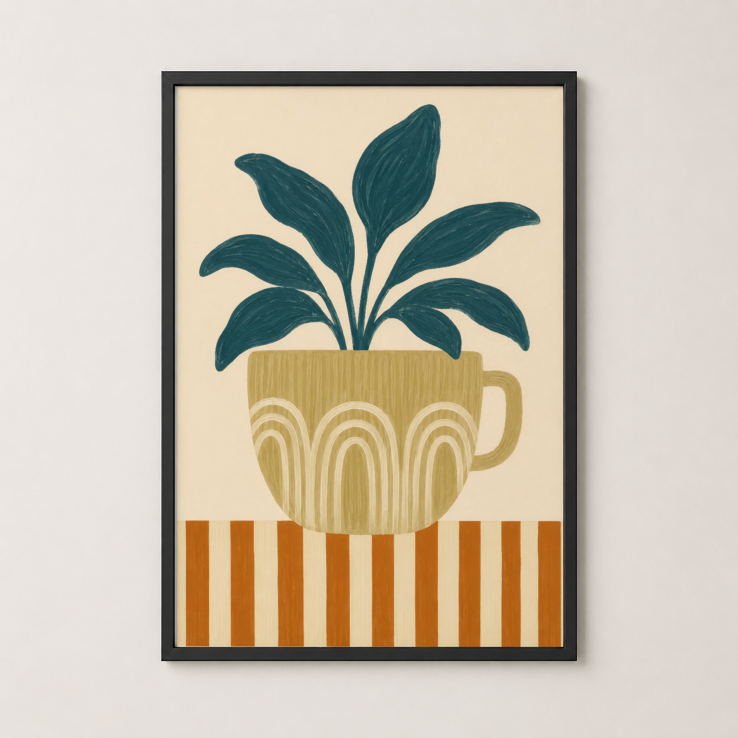 Siyah çerçeveli, modern retro tasarımlı yeşil bitkili saksı posteri oturma alanında duvar dekoru.