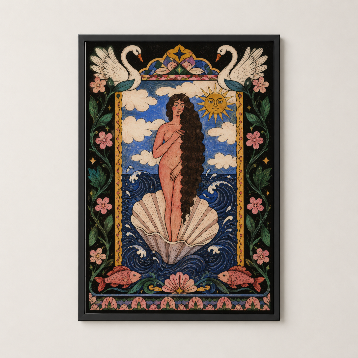 Siyah çerçeveli, Art Nouveau tarzı venüs tasarımlı duvar tablosu, modern mekanlar için ideal.