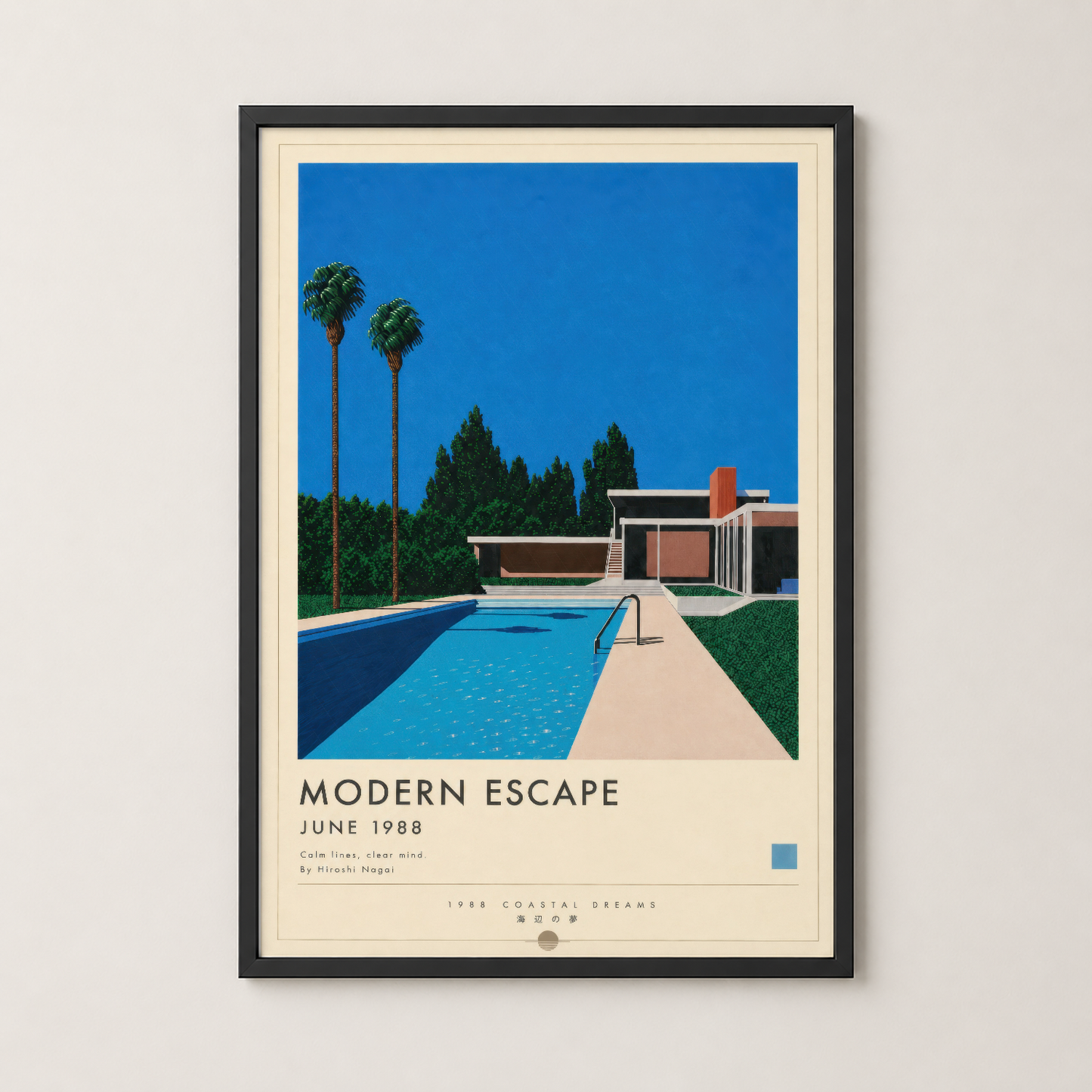 Modern Escape posteri siyah çerçevede, vintage stil villa ve havuz illüstrasyonu.