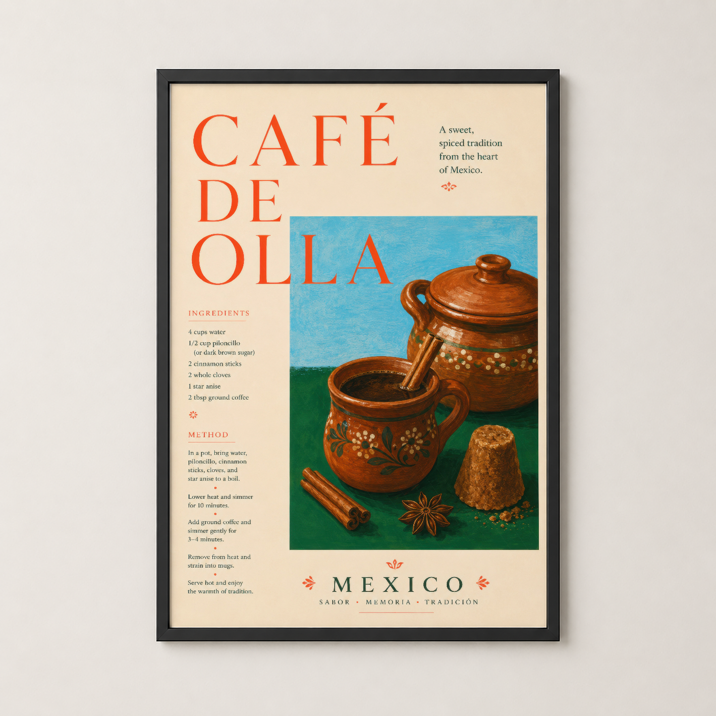 Siyah çerçeveli Café de Olla posteri, Meksika kültürünün kahve geleneğini sanat olarak yansıtıyor.
