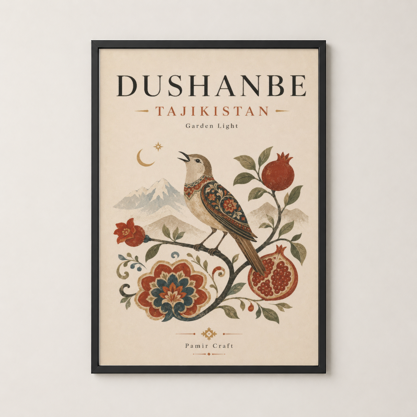 Siyah çerçeveli Dushanbe Tacikistan posteri, botanik ve kuş illüstrasyonlu elegant sanat eseri.
