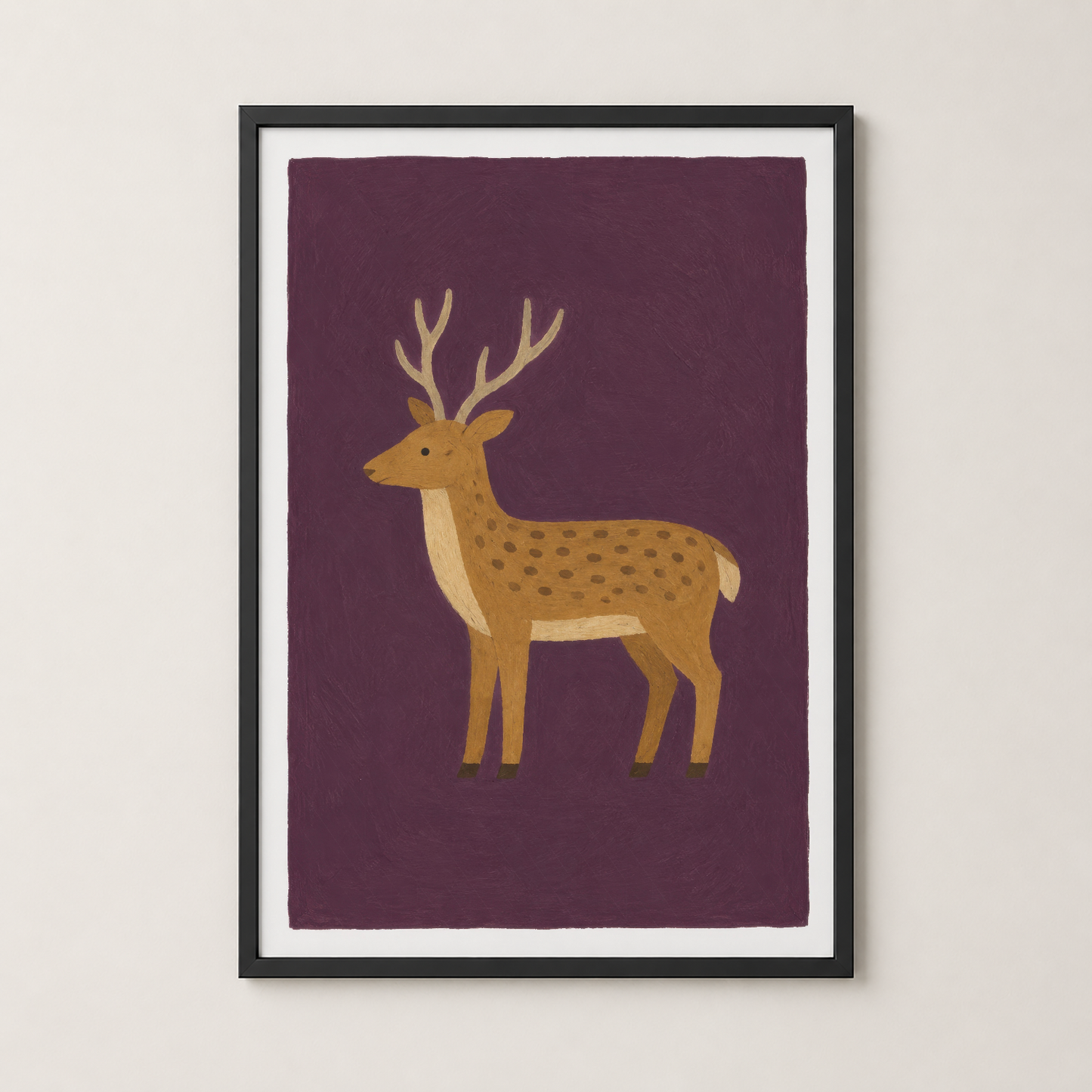 Altın geyik başlı tasarımlı bordo poster, siyah çerçeve içinde.