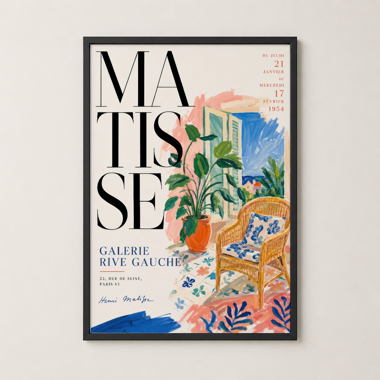 Matisse sanat posteri siyah çerçeveli, parlak renklerle iç mekan dekorasyonu, kanepenin üzerinde.