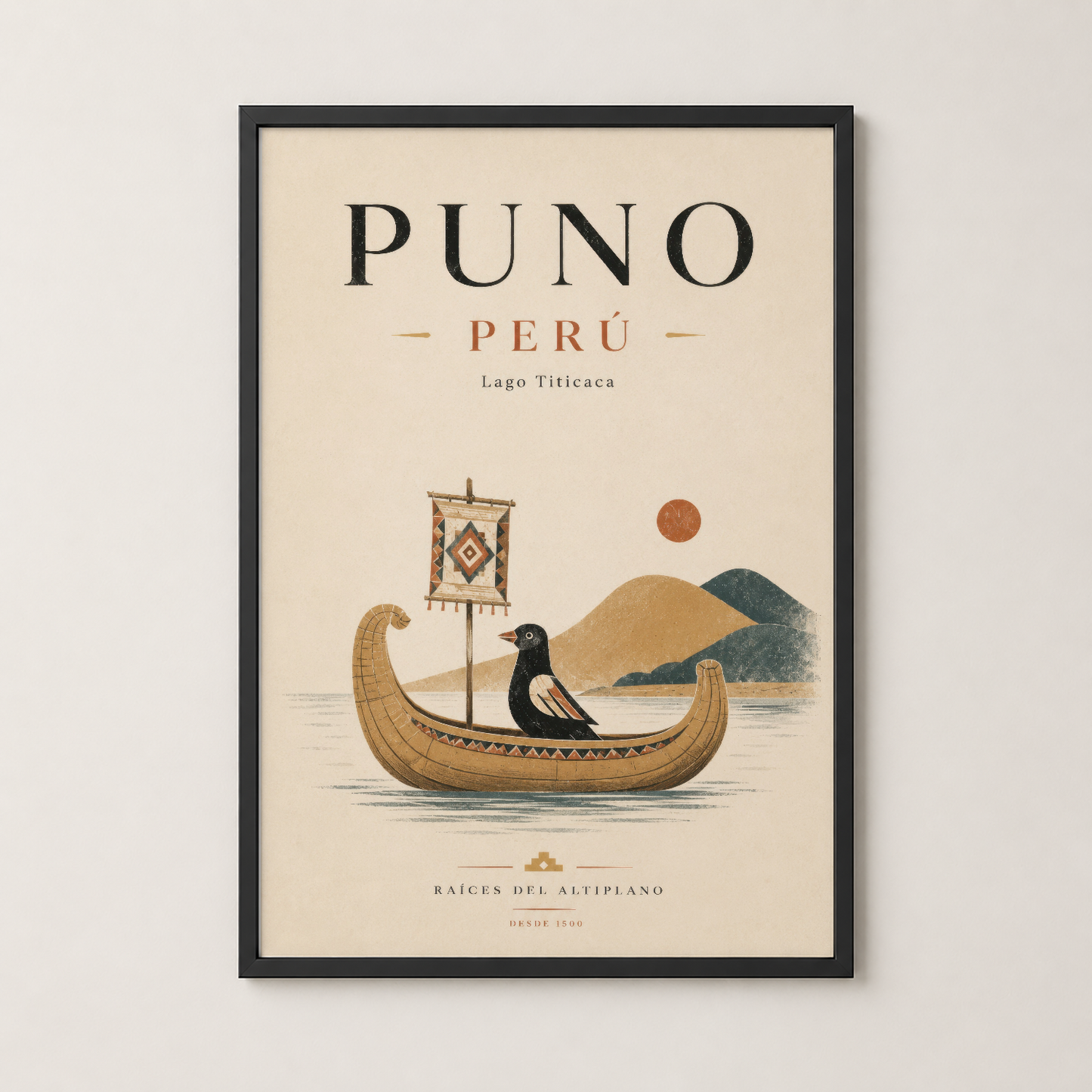 Siyah çerçeveli Peru Puno posteri, Titikaka Gölü ve andean kültürü özleyen sofistike duvar sanatı.