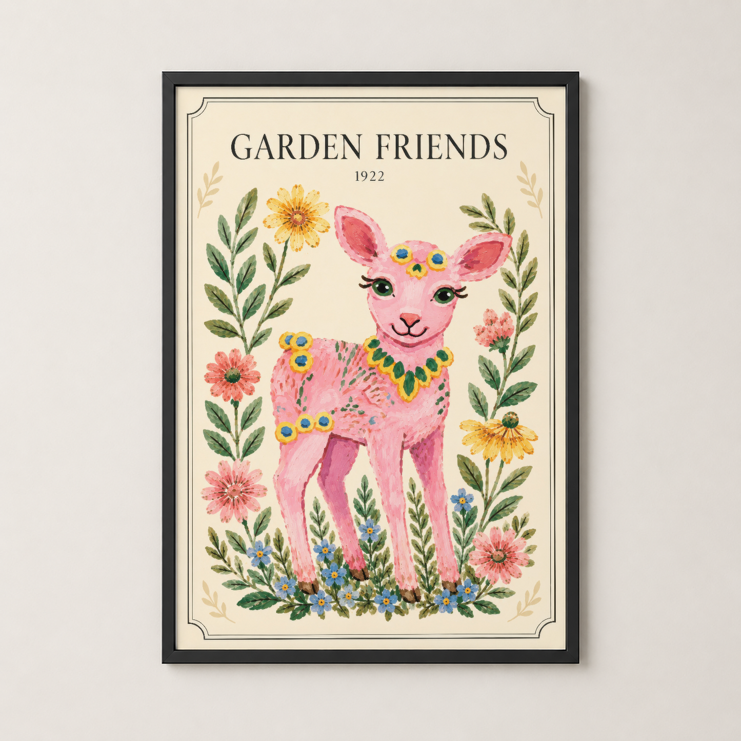Garden Friends tablosu siyah çerçevede, pembe geyik ve çiçek motifleri