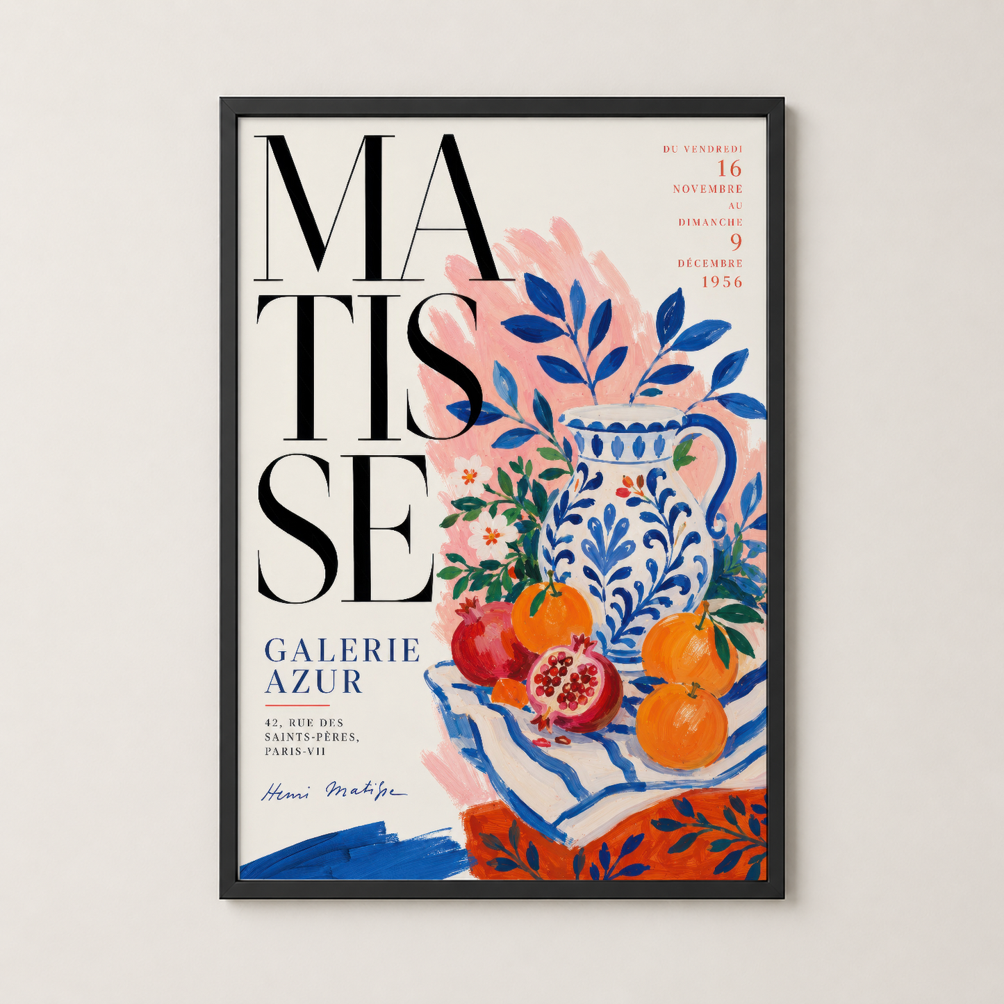 Matisse galeri posteri siyah çerçevede, renkli çiçek ve meyve bestelemesiyle modern duvar sanatı.