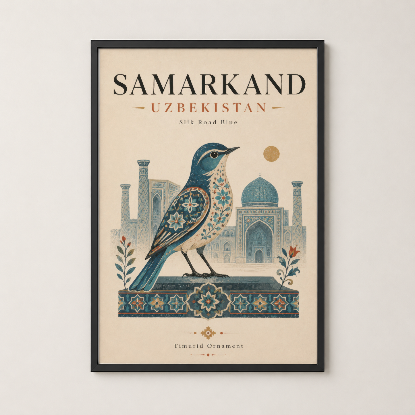 Samarkand Uzbekistan posteri siyah çerçevede, klasik mimarileri ve kuş desenli duvar dekorasyonu.