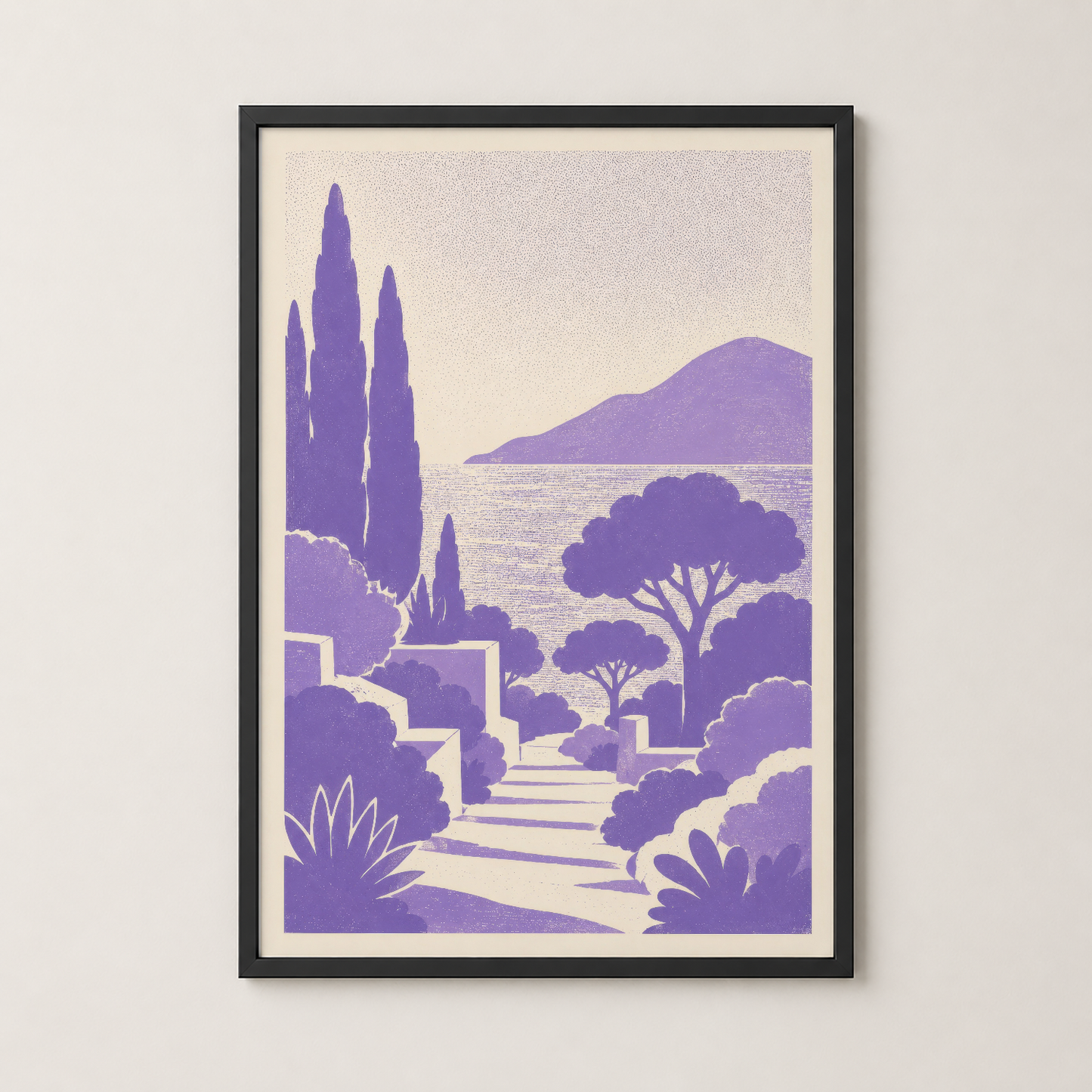 Akdeniz bahçesi sanat tablosu siyah çerçevede, mor sipress ve ada manzarasıyla dekoratif.