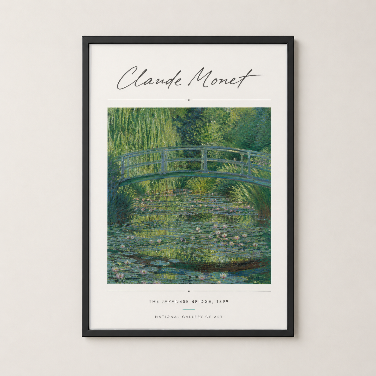 Monet Japon Köprüsü poster siyah çerçevede, klasik sanat koleksiyonuna uygun dekoratif duvar tablosu.