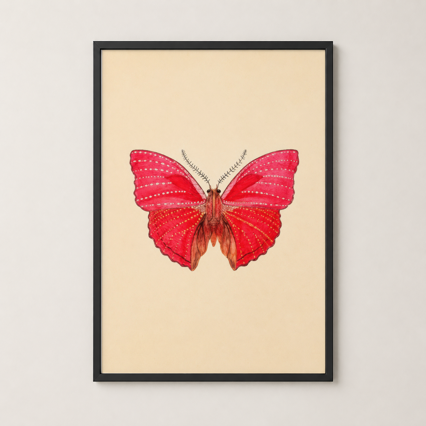 Siyah çerçeveli kırmızı kelebek posteri, minimalist tasarımla contemporary iç mekan stiline uygun.