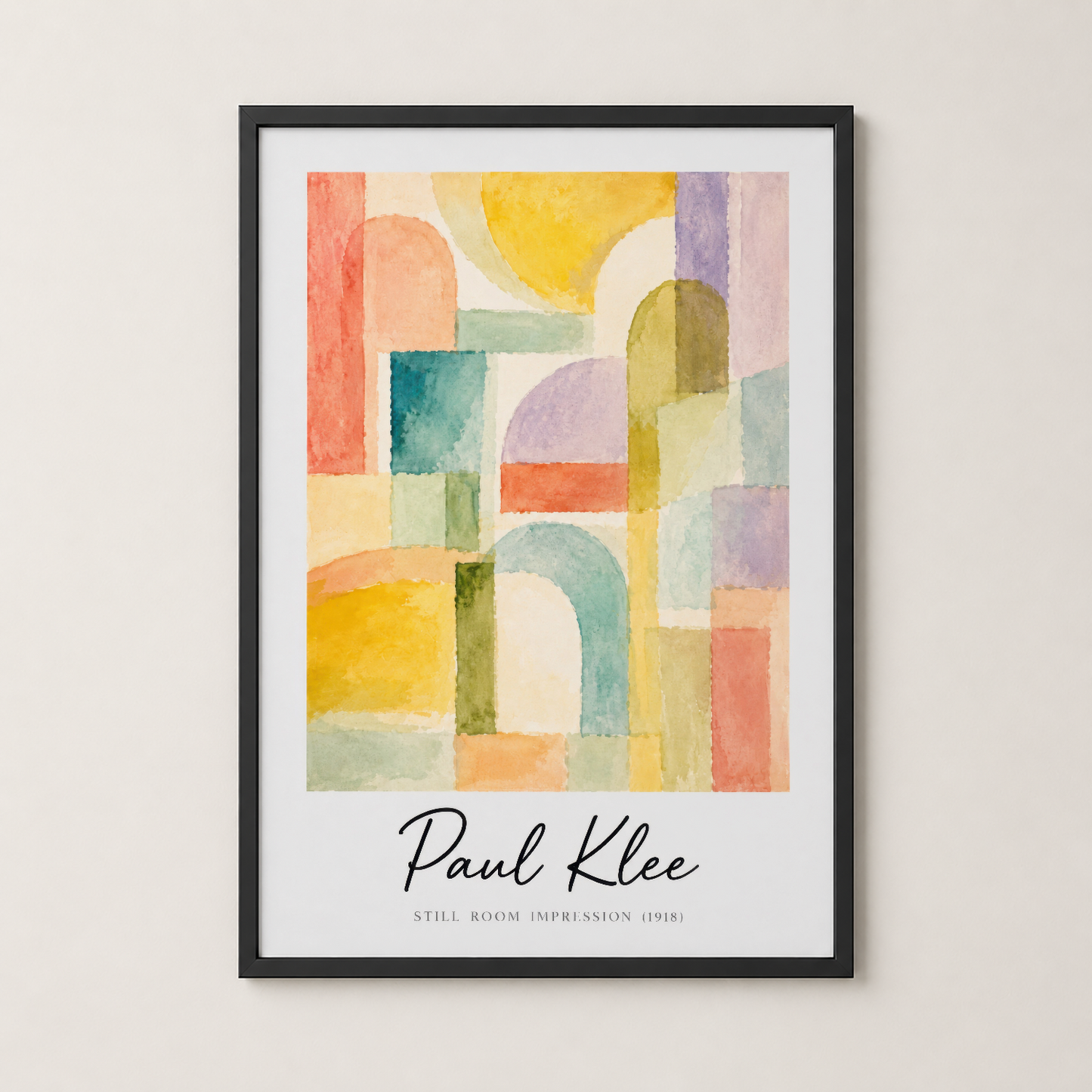 Paul Klee Hala Oda İzlenimi posteri, siyah çerçeve içinde rengarenk şekiller ve sakin atmosfer